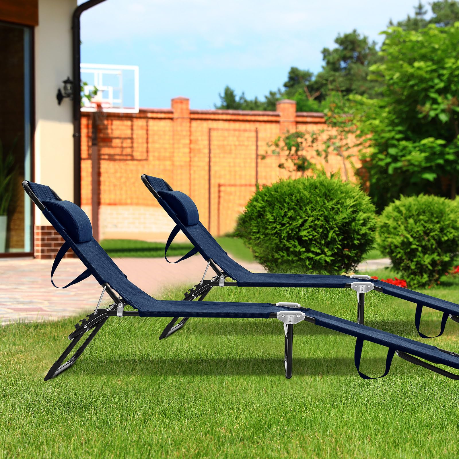 2 Pack Folding Chaise Lounge Chairs - Adjustable Outdoor Reclining Beach Chairs with 5-Position Backrest & Detachable Pillow, Breathable Mesh Sun Lounger for Tanning - Perfect for Poolside, Backyard, Camping & Beach (Navy Blue)