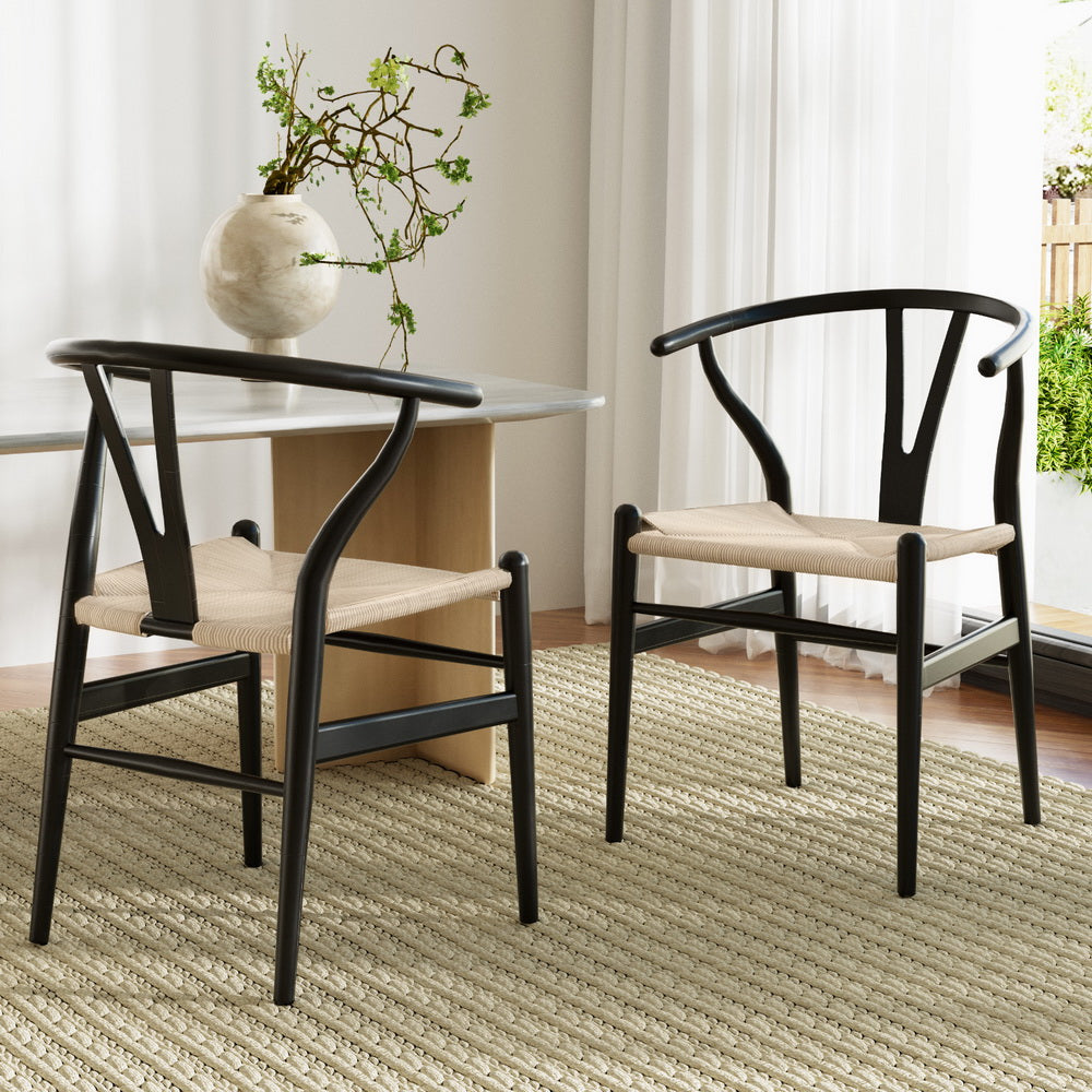 2 Pack Artiss Wooden Rattan Wishbone Dining Chairs - Black Modern Kitchen & Dining Room Furniture for Home Decor