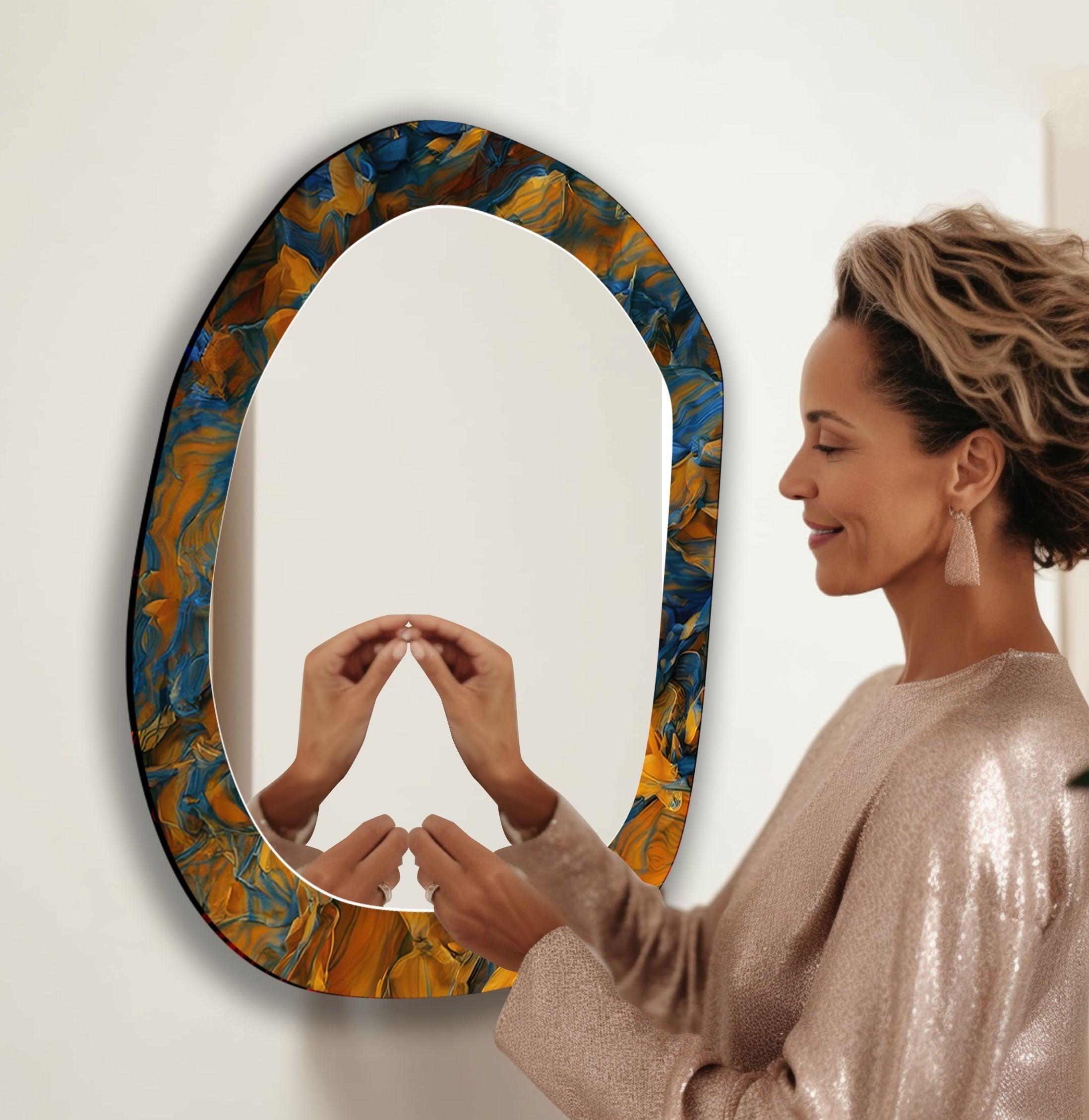 Modern Blue and Orange Wall Mirror - Stylish Home Decor for Living Room, Bedroom, or Entryway
