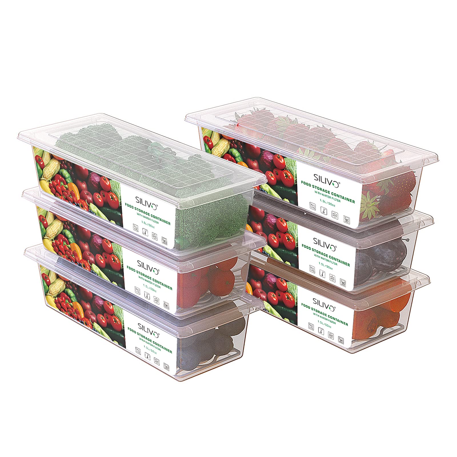 SILIVO 6-Pack 1.5L Refrigerator Storage Containers with Drain Tray - Fresh Produce Saver for Fruits, Vegetables, Lettuce & Salad | Perfect for Meal Prep, Fridge Organization & Keeping Food Fresh Longer