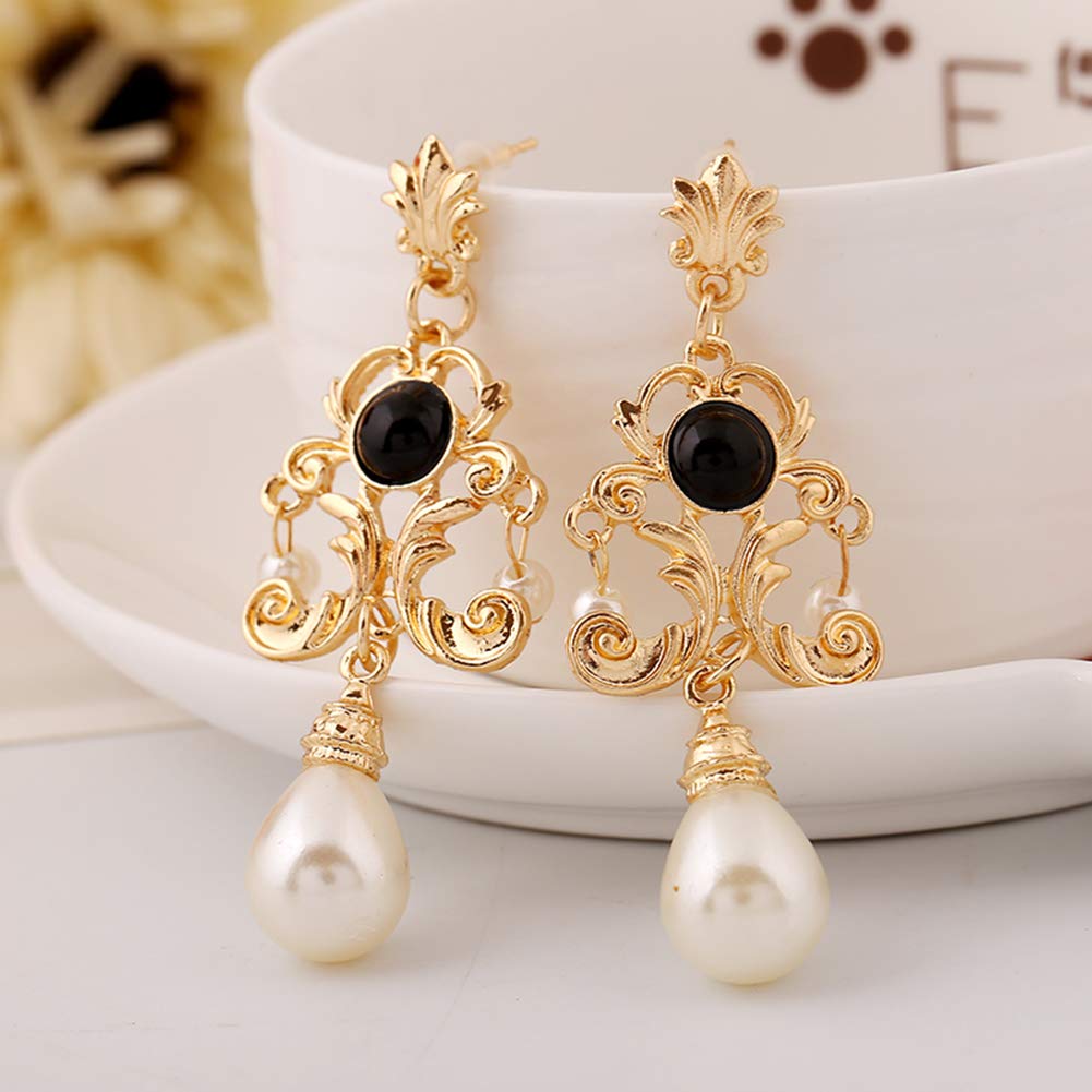 Luxury Princess Dangle Earrings for Women - Elegant Floral Faux Pearl Statement Stud Earrings, Palace Style Metal Jewelry - Perfect Gift for Evening Party, Wedding, Prom & Special Occasions