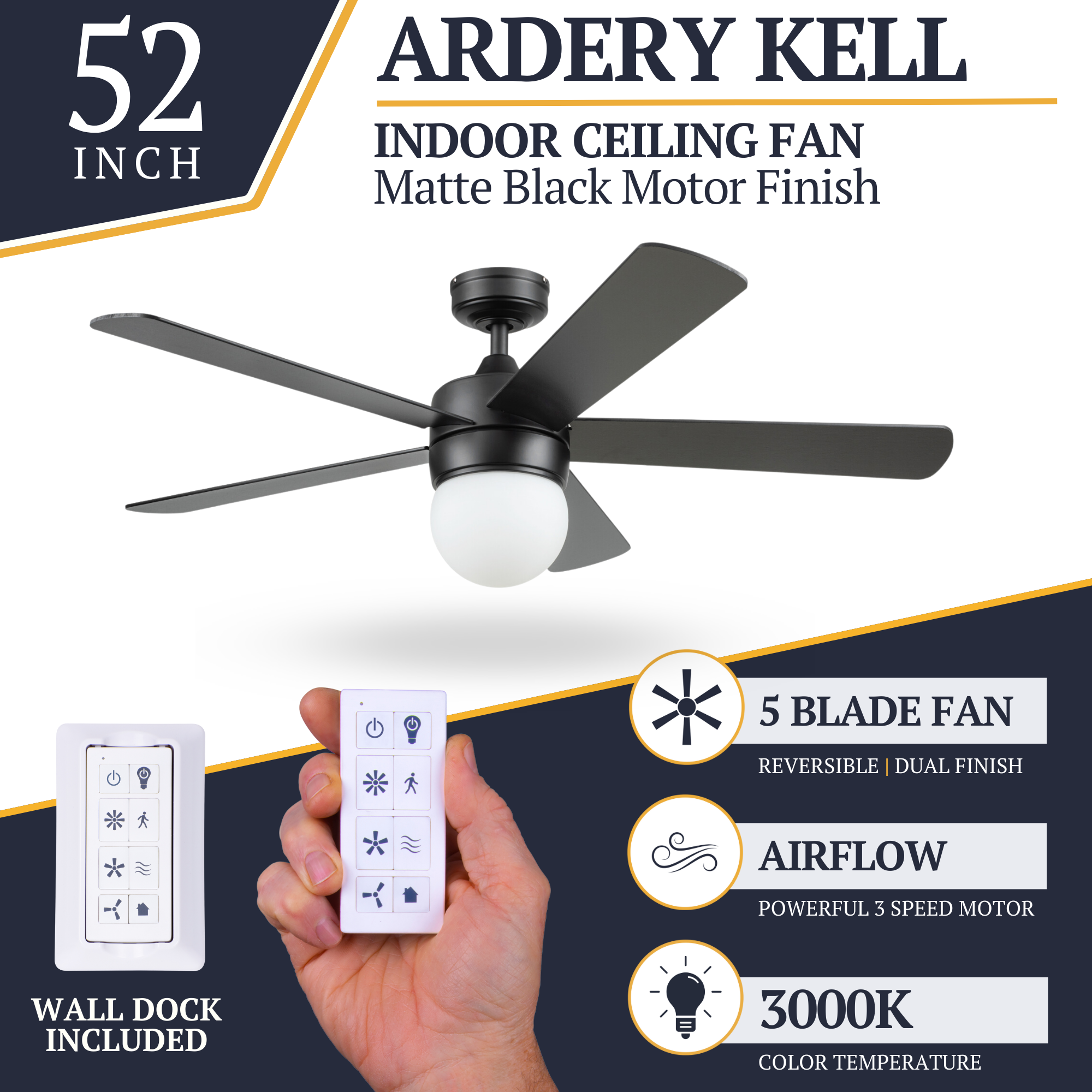 52 Inch Ardrey Kell Matte Black Ceiling Fan with Remote Control - Quiet, Energy Efficient for Bedroom, Living Room & Outdoor Use