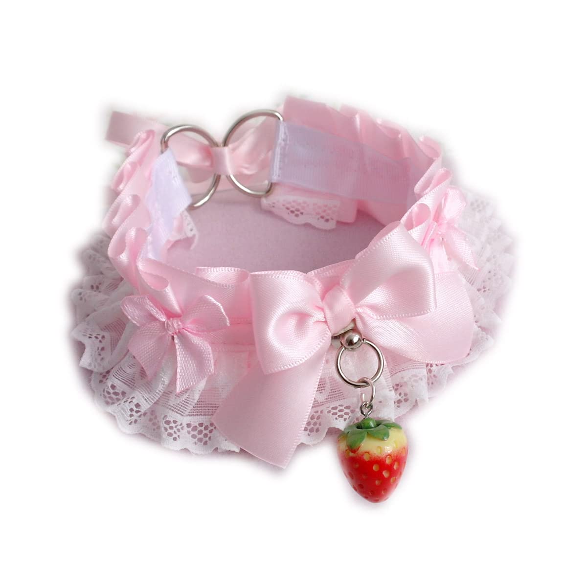 Red Strawberry Baby Pink Choker Necklace - Kawaii Kitten Play Collar with White Lace Ruffles Bow | Cute DDLG Neko Girl Accessories (19, Pink) | Perfect for Cosplay, Anime Conventions & Kawaii Fashion Outfits