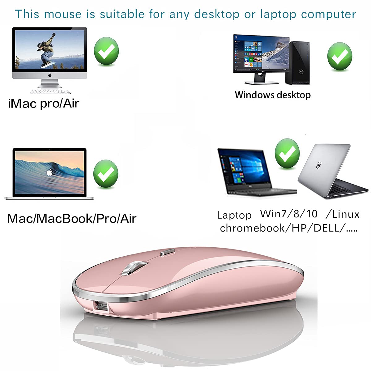 Wireless Mouse for MacBook Pro, MacBook Air, iMac, Chromebook & Windows PC - 2.4G USB/USB-C Rechargeable Mouse (Rose Gold) - Perfect for Office, Home & Travel Use