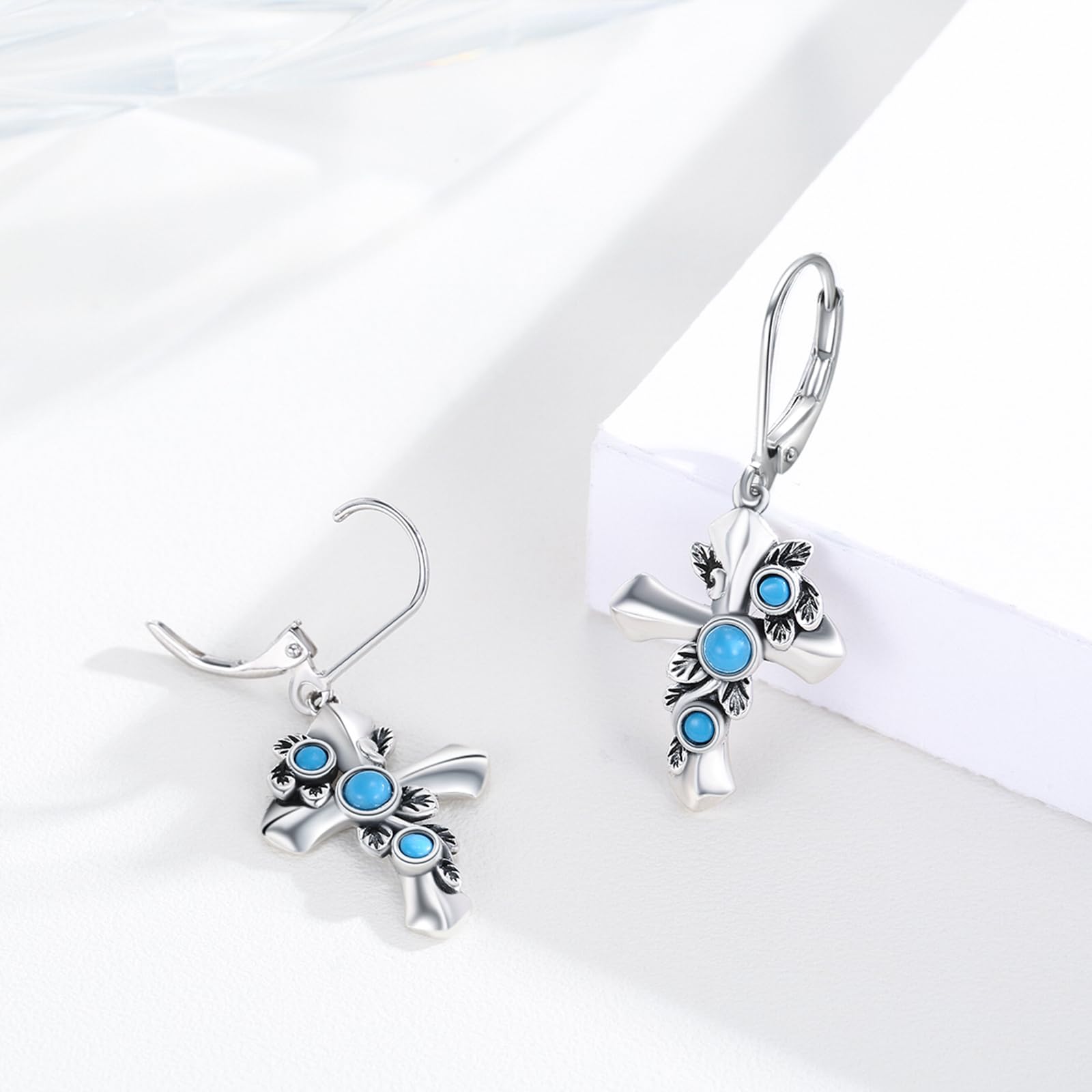 925 Sterling Silver Turquoise Cross Dangle Earrings for Women - Religious Gothic Leverback Jewelry - Perfect Birthday & Christmas Gifts - Ideal for Church, Parties & Everyday Wear