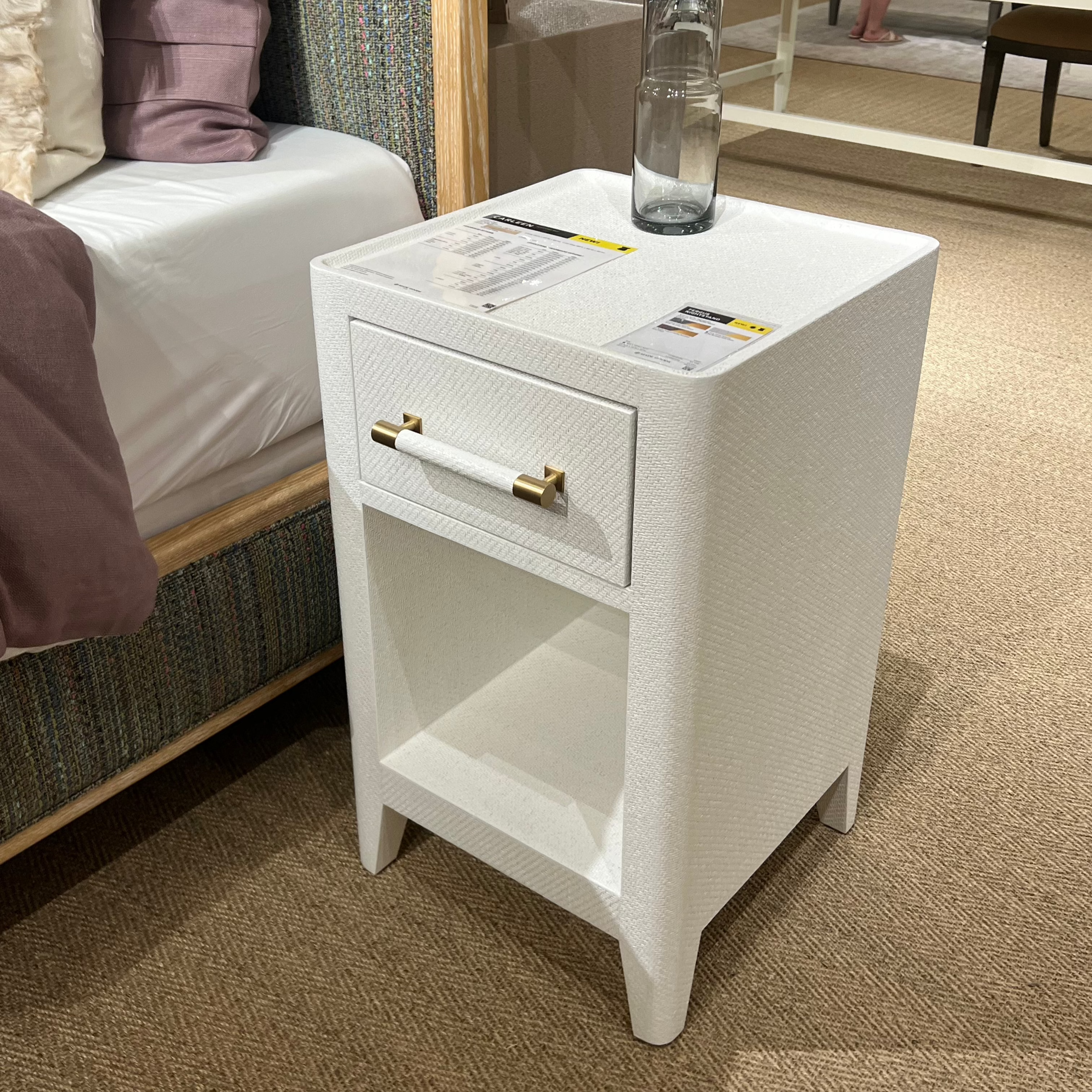 Fergus White Raffia and Gold Nightstand - Modern Single Bedside Table for Bedroom, Living Room, or Guest Room