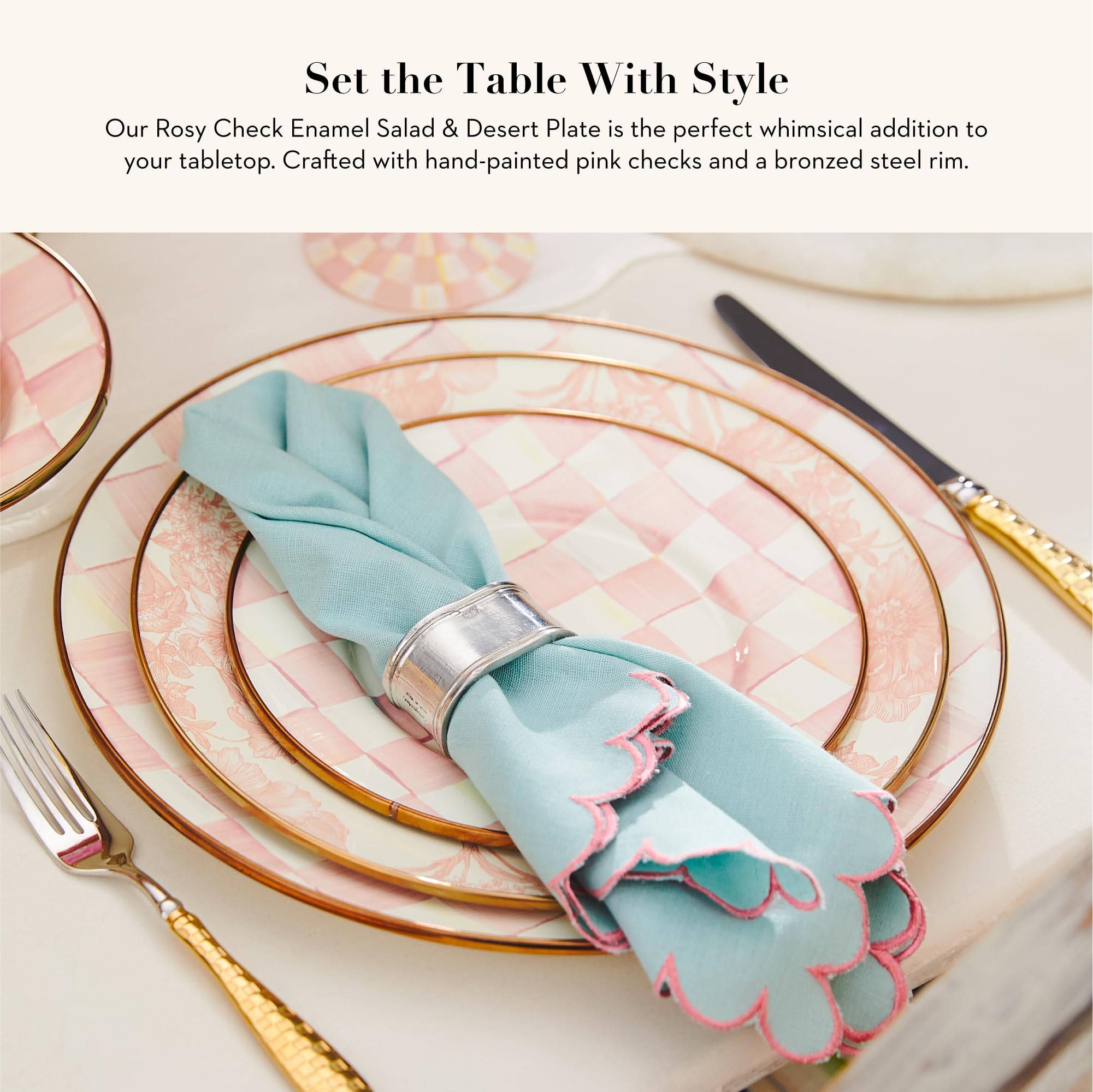 MACKENZIE-CHILDS 8-Inch Enamel Salad Plate & Dessert Plate - Pink and White Rosy Check Design - Perfect for Appetizers, Desserts, Tea Parties & Home Decor