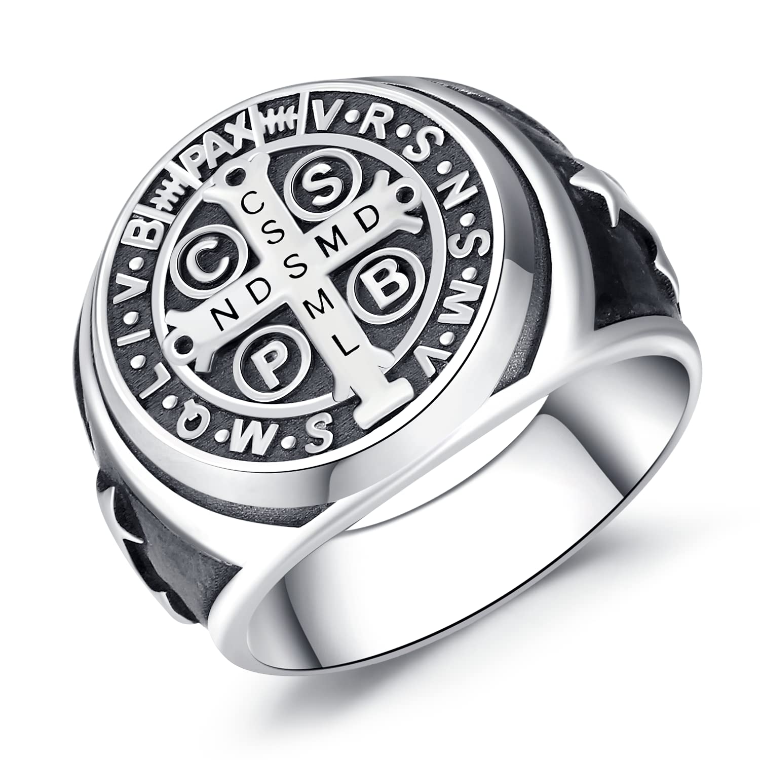 Sterling Silver St. Benedict Ring for Men - Catholic Exorcism Protection Amulet with Roman Cross - Sizes 7-13 - Perfect for Religious Gifts, Spiritual Defense & Daily Wear