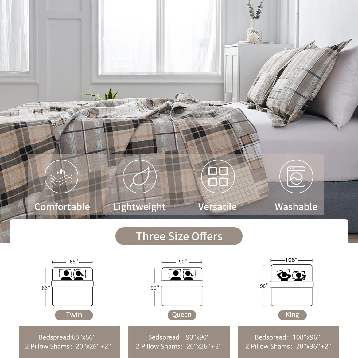 3 Pcs Plaid King Quilt Bedding Set - Lightweight Breathable Gingham Patchwork Coverlet with 2 Pillow Shams, Brown & Gray Checkered Bedspread for Summer | Perfect for Guest Rooms, Master Bedrooms & Cozy Home Decor