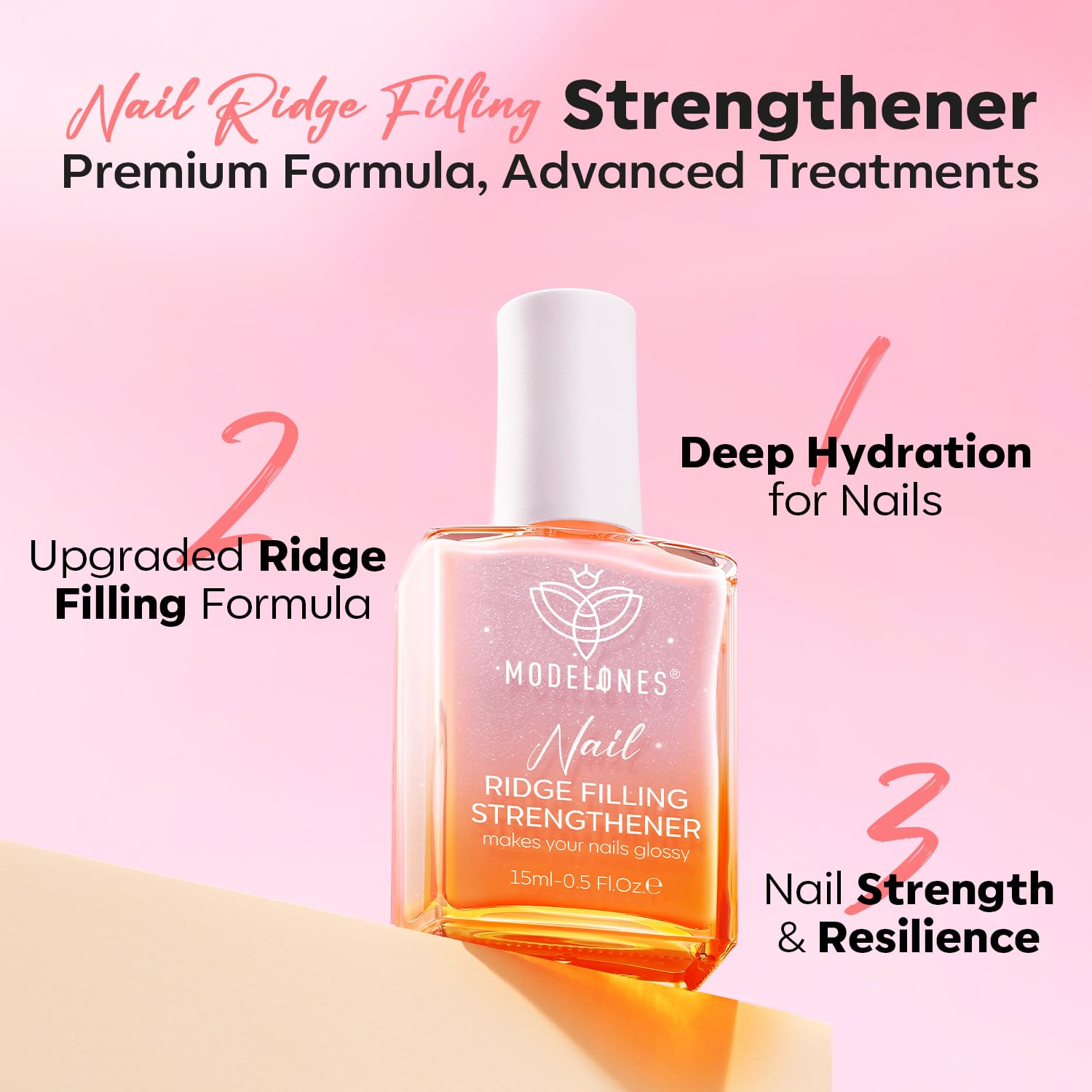 Modelones Nail Strengthener & Ridge Filler - Clear Nail Polish for Thin, Weak & Damaged Nails - Nail Hardener with Pink Glow (15ml) - Perfect for At-Home Manicures & Nail Care Routine