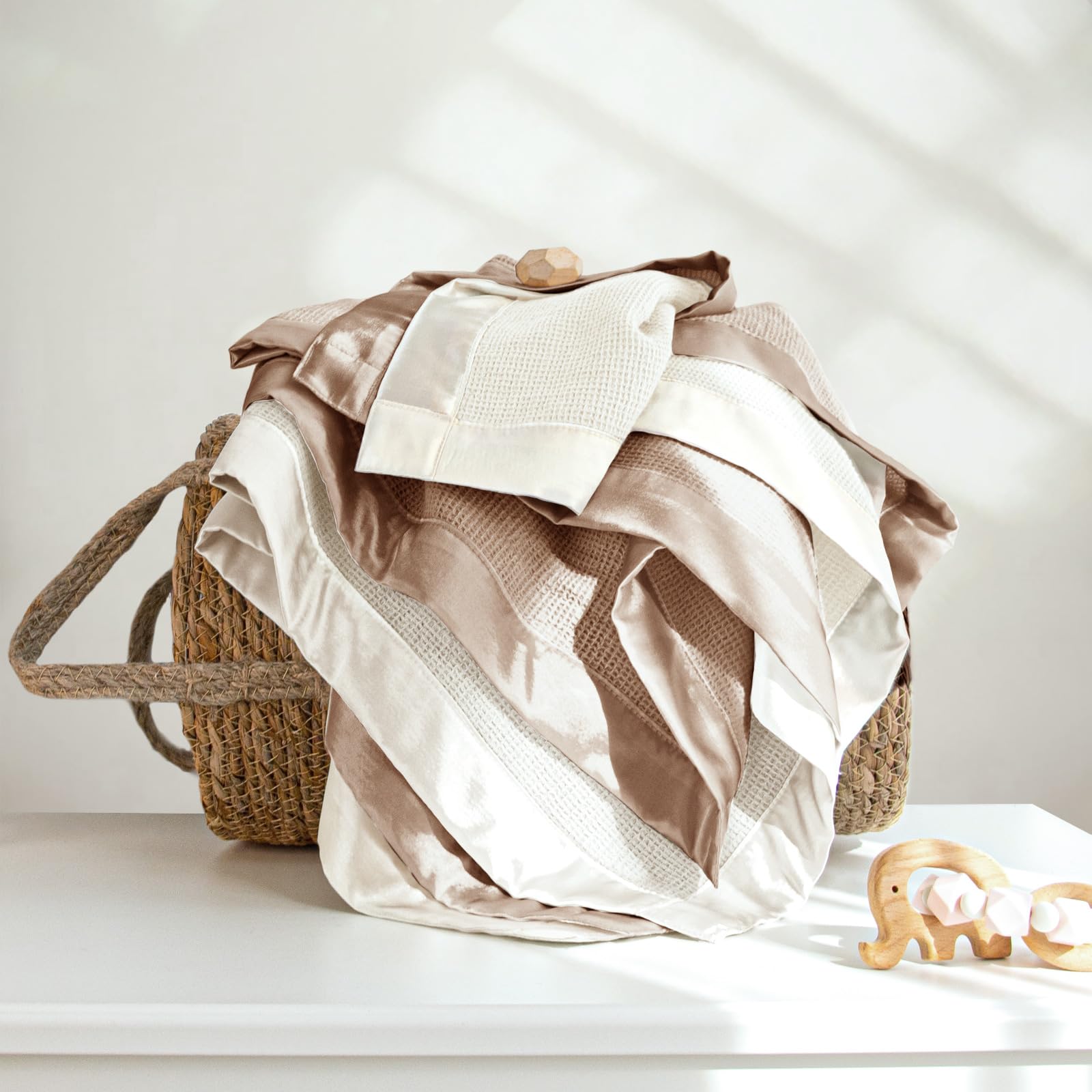 Soft Cotton Waffle Baby Swaddle Blanket with Satin Trim - Breathable Nursing Cover & Crib Blanket for Newborns & Toddlers - Perfect for Naptime, Swaddling & Baby Shower Gifts (Cream)