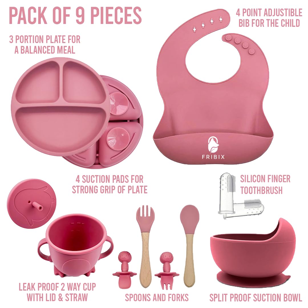 Fribix 9-Piece Silicone Baby Feeding Set | Self-Feeding Essentials for Toddlers & Baby Led Weaning | Includes Suction Plate, Bowl, 2 Spoons, 2 Forks, Cup with Lid & Adjustable Bib | Perfect for Home, Travel & Daycare Use