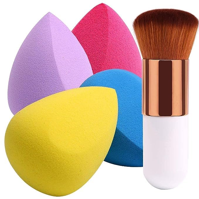 KAARM Soft Bristle Makeup Brush Set with 4 Blending Sponges - Perfect for Foundation, Contouring & Blending (Colors May Vary) - Ideal for Professional Makeup Artists & Home Beauty Routines