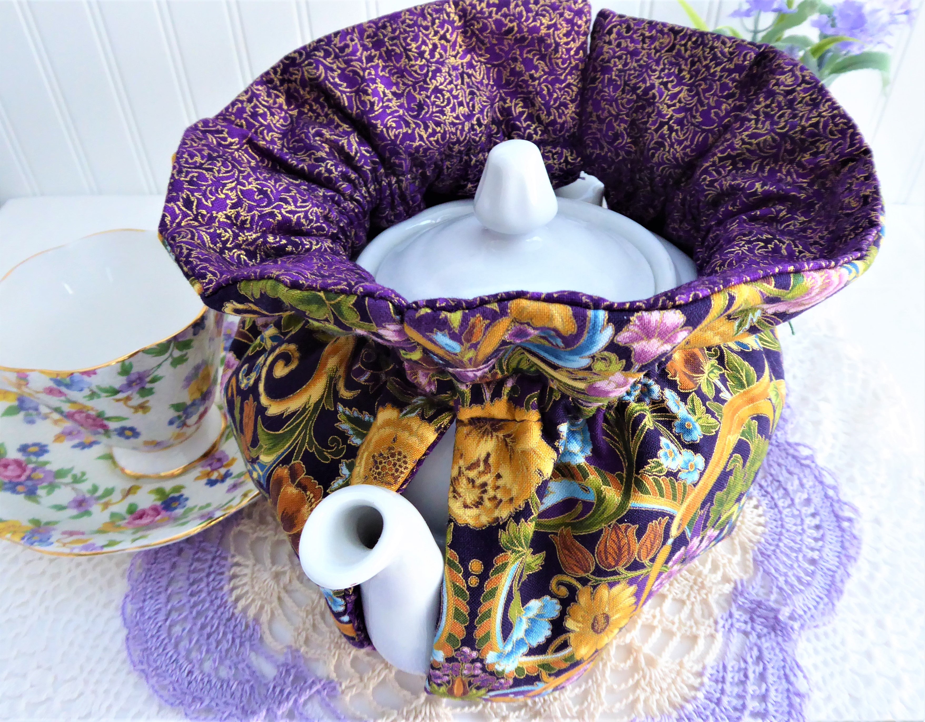 Handmade Renaissance Floral Tea Cozy - Purple & Gold Insulated Tea Pot Cover for English Tea Parties & Cozy Afternoon Tea Time