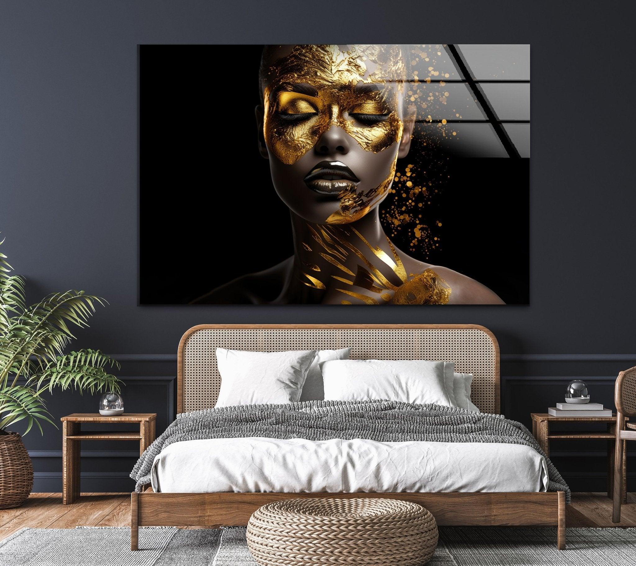 African Woman Portrait with Gold Face - Elegant Glass Wall Art for Living Room, Bedroom & Office Decor