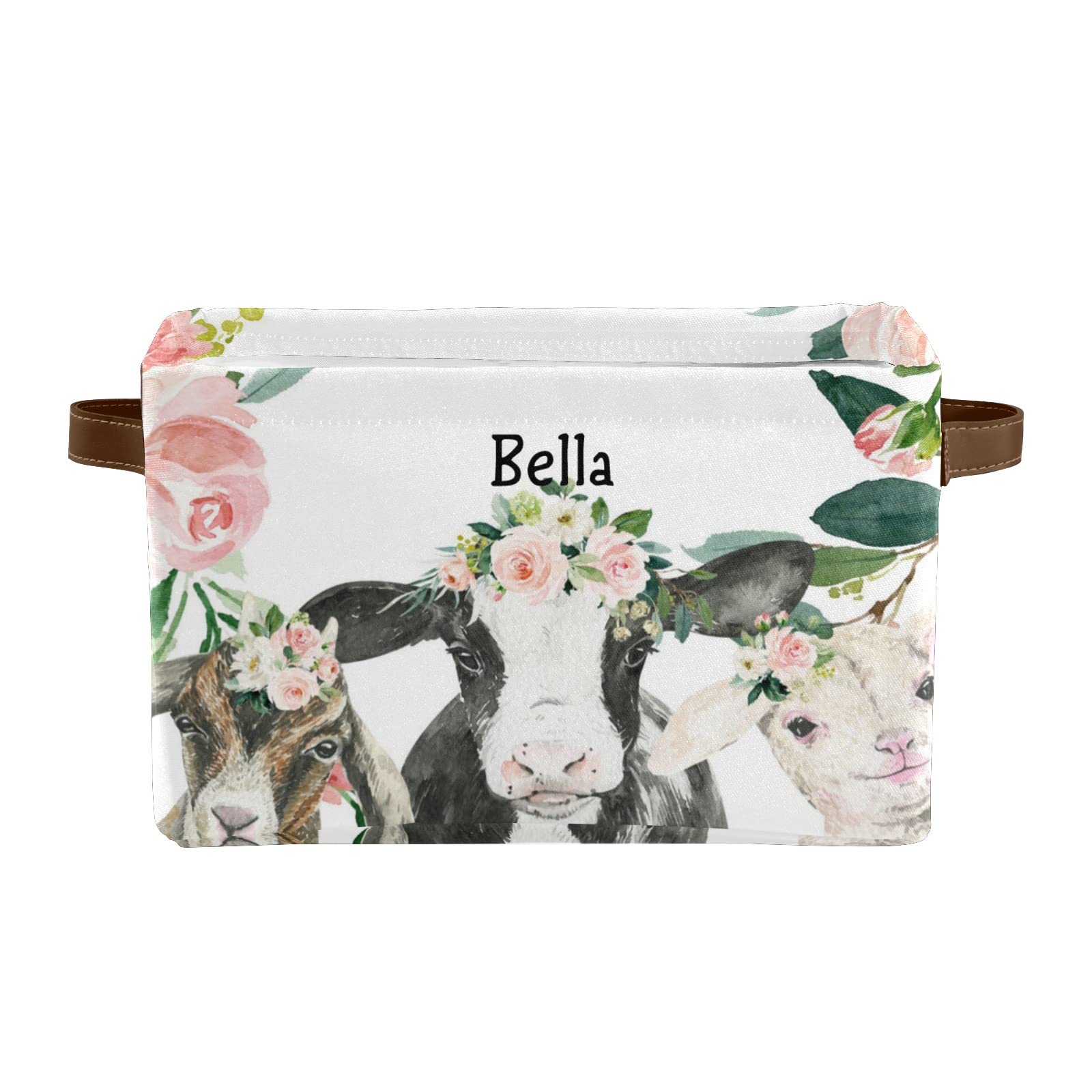 Personalized Watercolor Floral Cow Print Canvas Storage Bins with Custom Name - Leather Handles Organizer for Office, Bathroom, Nursery, Closet & Shelves (2-Pack Set) - Perfect for Home Organization & Gift Giving