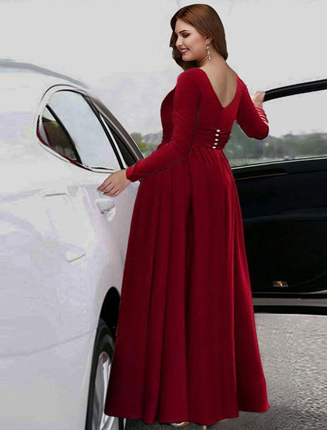Elegant Plus Size A-Line Evening Gown - V-Neck Long Sleeve Floor Length Stretch Chiffon Dress with Pleats & Side Slit for Holiday Parties, Formal Events & Special Occasions