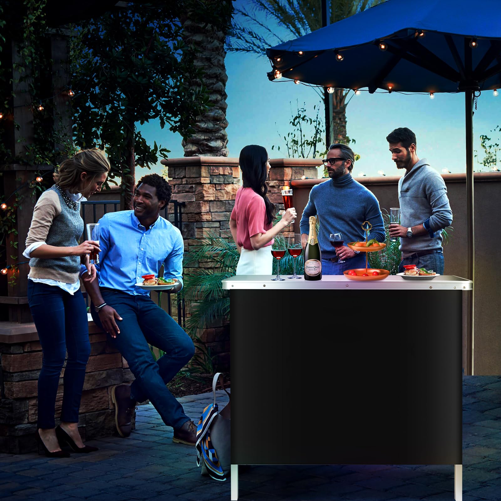 BRILLIHOOD Folding Bar Table - Portable Picnic & Camping Table with Storage Shelf | Mobile Bartender Station for Outdoor, Tailgate, Party, BBQ, Events | Includes Removable Skirt & Carrying Case | Perfect for Backyard Entertaining, Beach Picnics, and Tailgating Parties