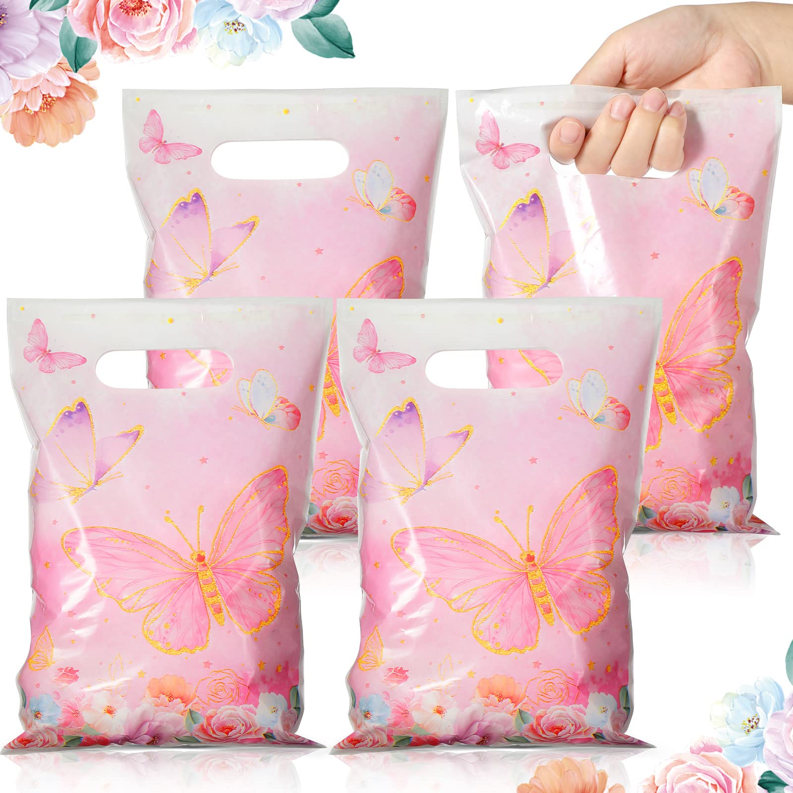 50 Pcs Pink Butterfly Gift Bags - Small Plastic Candy Bags with Die-Cut Handles for Birthday Party Favors, Spring & Summer Themed Events, Baby Showers & Wedding Decorations (7x10 Inches) - Perfect for Easter, Bridal Showers, Kids Parties & Gift Wrapping Supplies