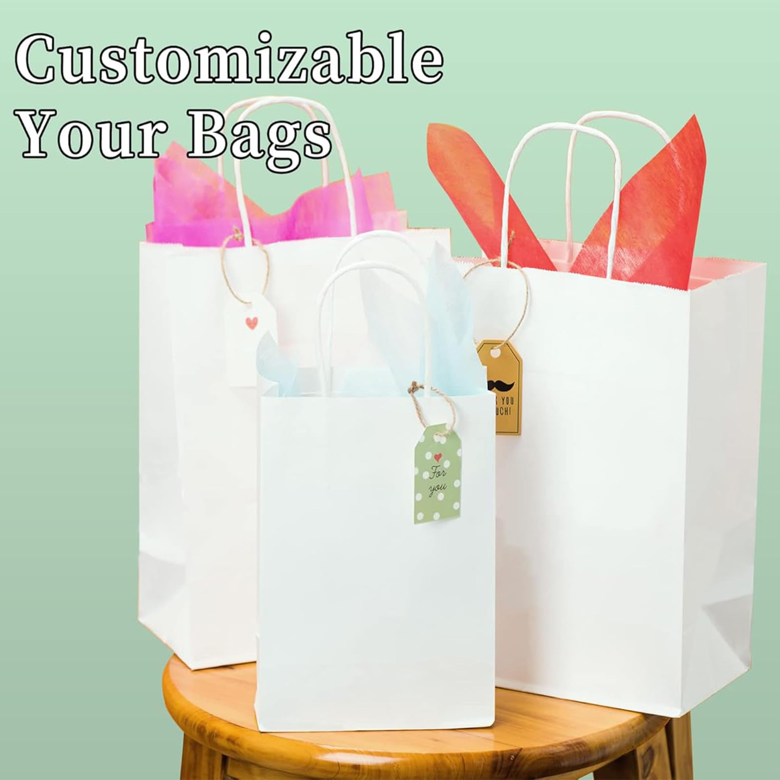 RACETOP 100Pcs White Paper Gift Bags with Handles 8