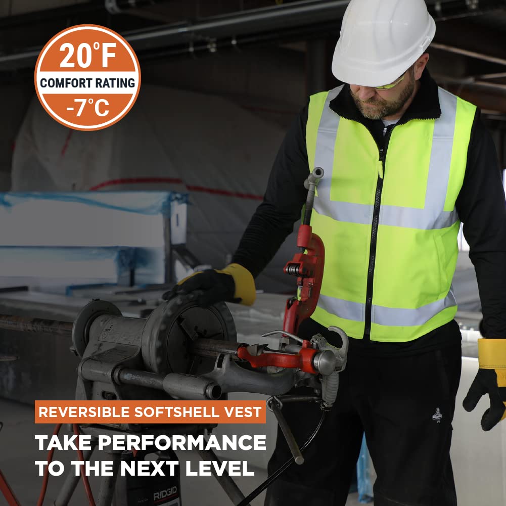 RefrigiWear ANSI Class 2 High Visibility Reversible Softshell Safety Vest - Orange with Reflective Tape for Construction, Road Work & Outdoor Safety