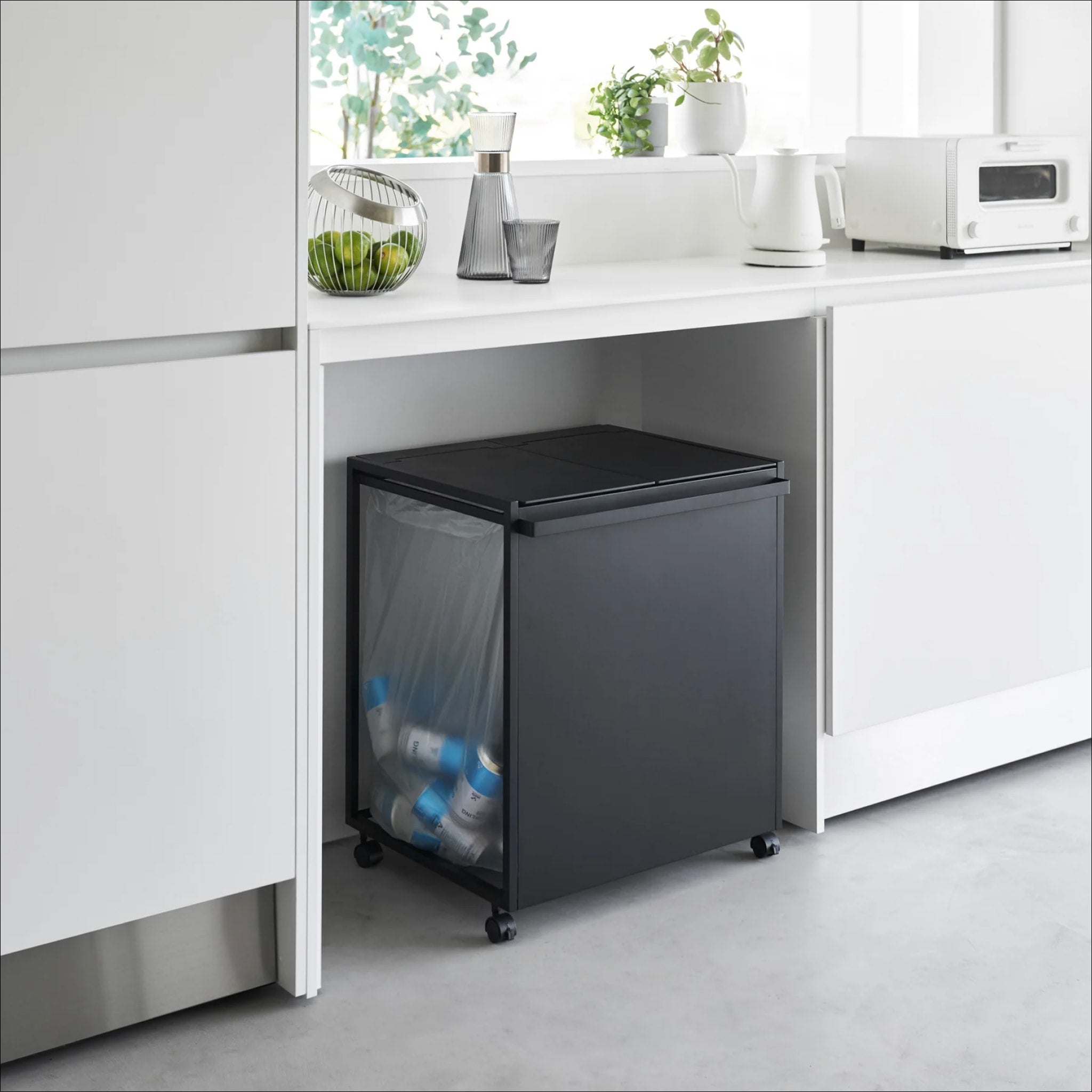 YAMAZAKI Tower 2 Compartment Recycling Bin with Wheels - Black | Space Saving Trash Can for Kitchen, Office & Bathroom Organization