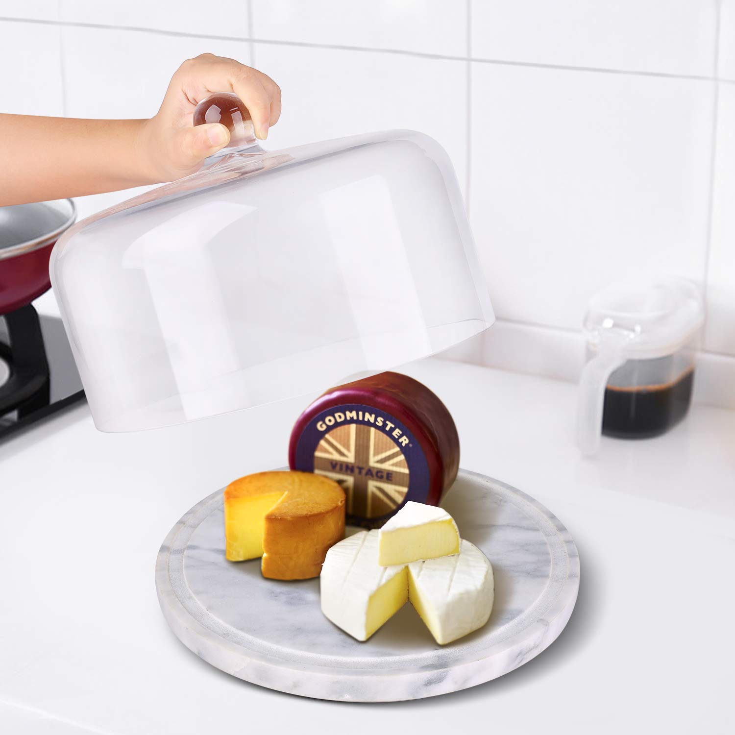 Flexzion 8.7 Inch Marble Cheese Holder & Cake Stand with Glass Lid - Elegant Cheese Dome, Cake Saver Serving Platter, Stone Cutting Board for Kitchen, Dining Room & Bakery Display - Perfect for Weddings, Parties & Dessert Presentation