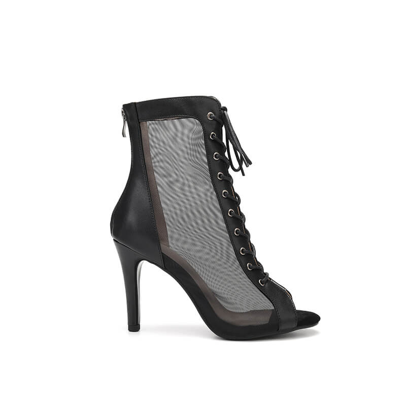Sexy Black Leather Peep Toe Lace Up Ankle Boots with Mesh Panels & Stiletto Heels - Perfect for Night Out, Party & Date Night