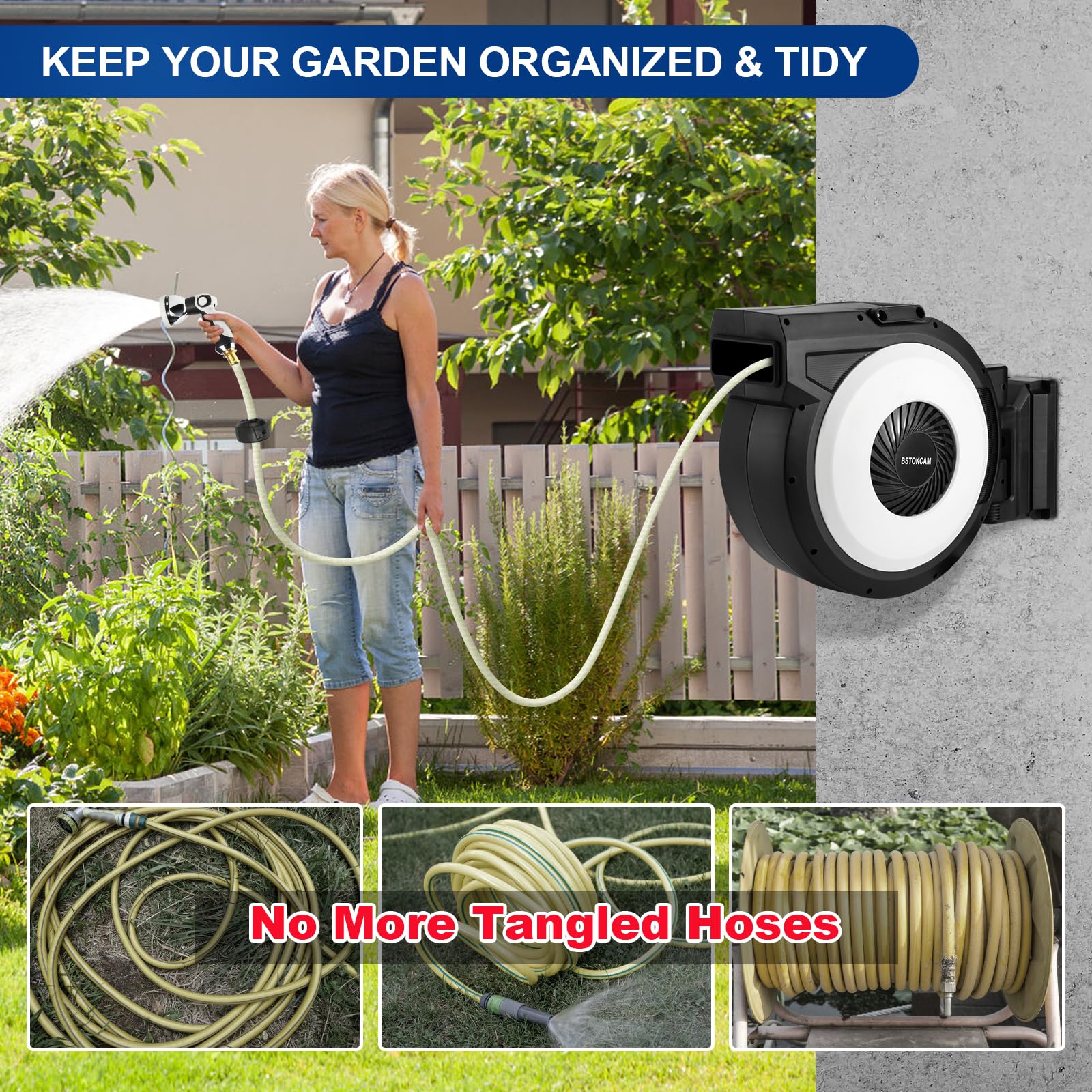 BSTOKCAM 100 ft Retractable Garden Hose Reel - 1/2 Inch Heavy Duty Automatic Rewind Hose Storage with Nozzle - Perfect for Lawn Care, Car Washing & Outdoor Watering