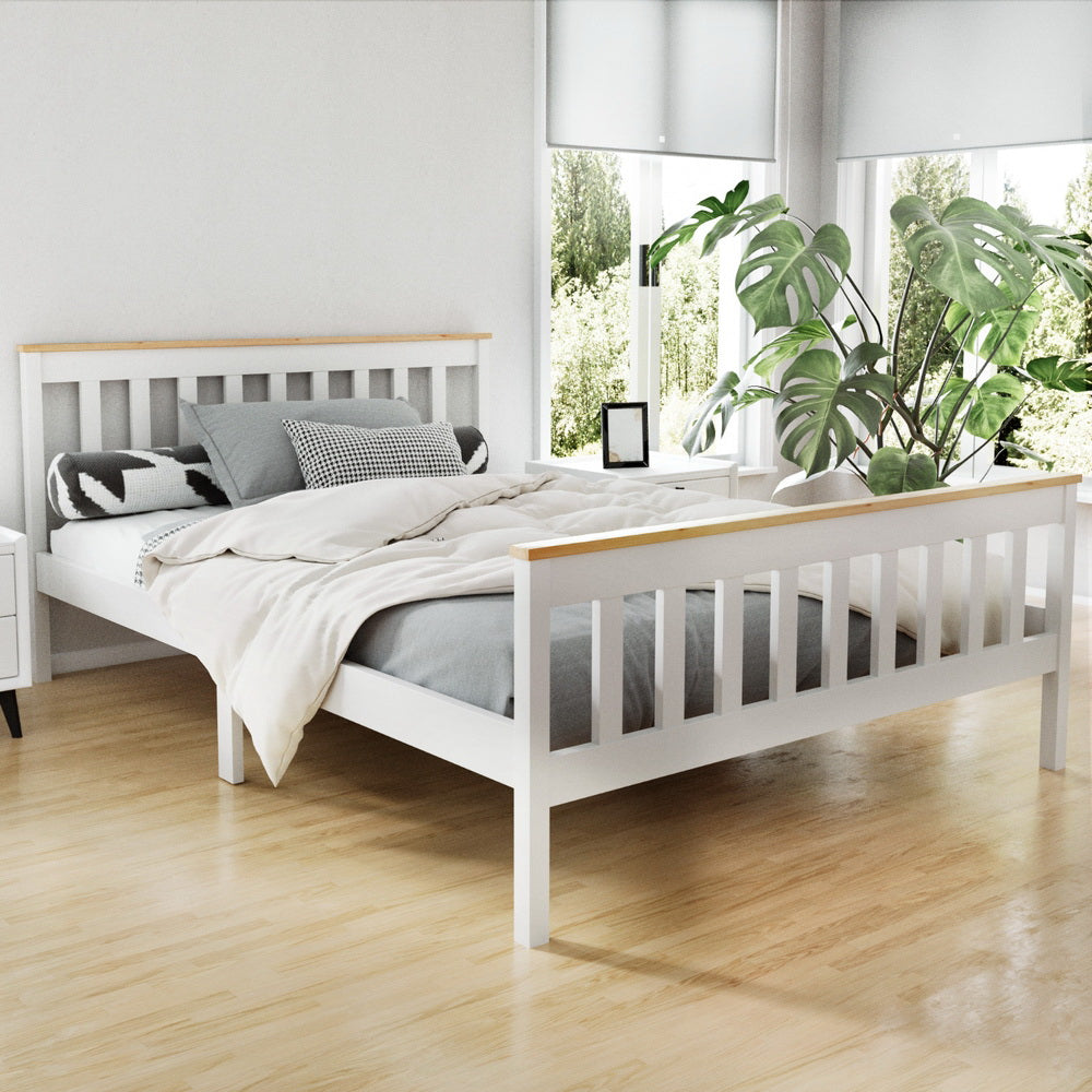 Kewarra Solid Wood Double Bed Frame - Queen Size White Wooden Bed with Headboard & Footboard - Perfect for Master Bedroom, Guest Room & Modern Home Decor