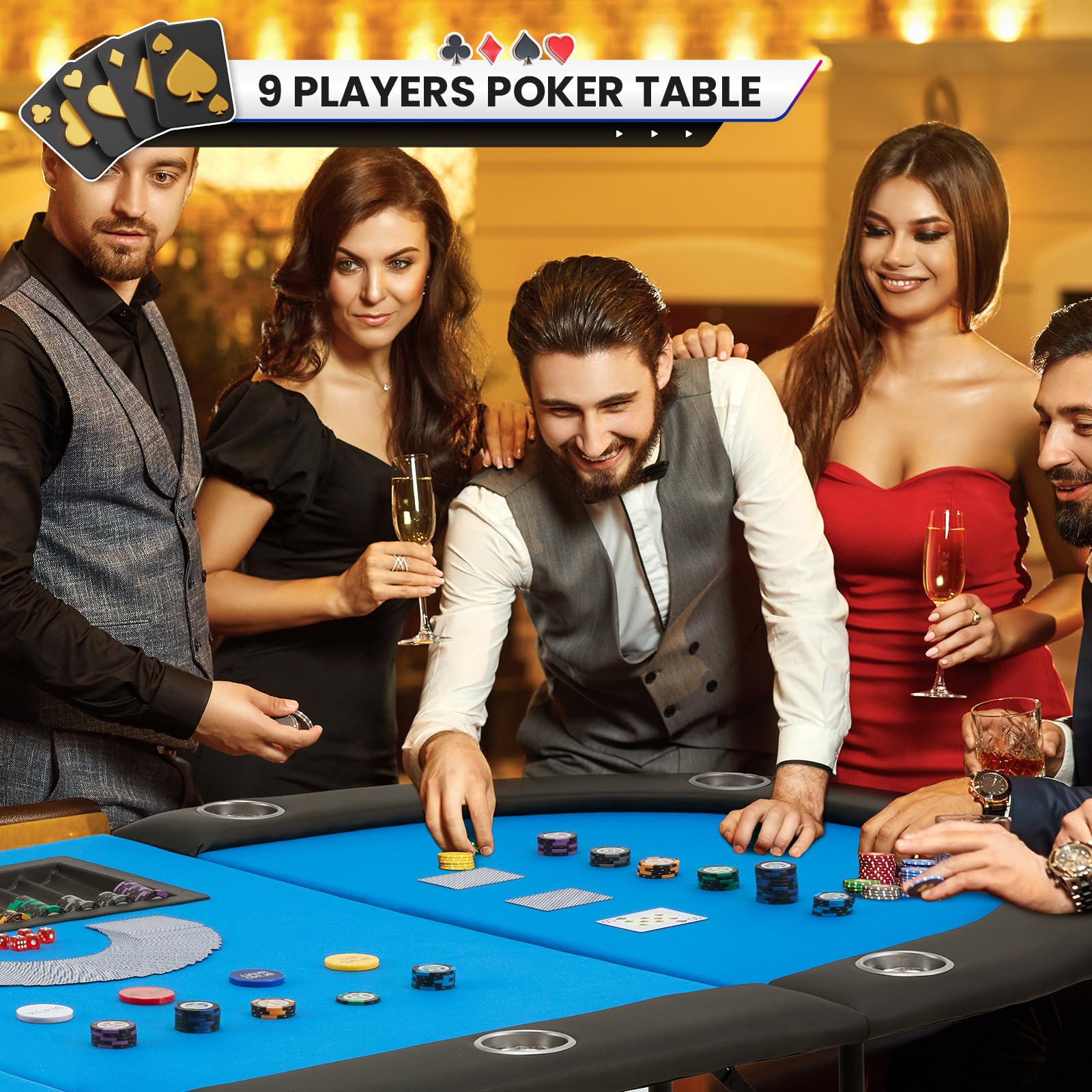 Premium ECOTOUGE Poker Table with Stainless Steel Cup Holders - Professional Texas Hold'em Casino Game Table with Sturdy Legs (Blue, Oval) for Home Game Nights, Poker Parties & Casino-Themed Events