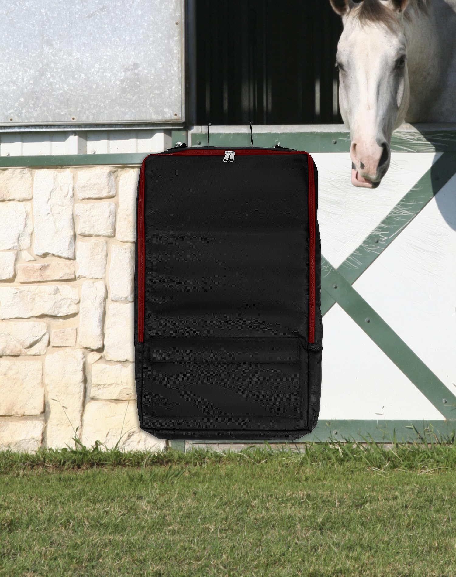 QWORK Horse Bridle Bag with Hooks - Durable Tack Carry Bag for Equestrian Gear Storage - Includes 3-Prong Tack Rack Organizer - Perfect for Stable, Barn & Horse Show Travel (Black)