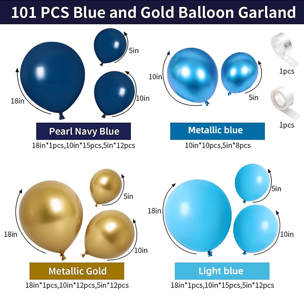 Navy Blue & Metallic Gold Balloon Arch Kit - Includes Light Blue, Gold & Metallic Blue Balloons for Baby Showers, Birthdays, Weddings & Party Decorations | Perfect for Backdrops, Photo Booths & Event Centerpieces