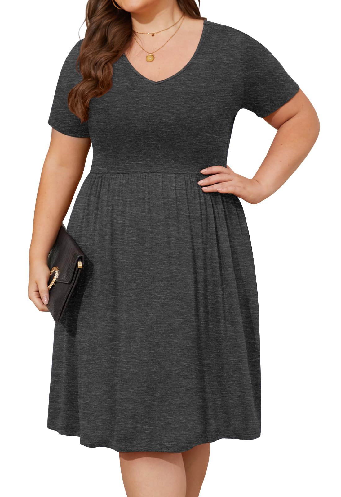 DB MOON Women's Plus Size Summer Casual Dress 2025 - V Neck, Short Sleeve, Knee Length with Pockets - XL | Perfect for Beach, Vacation & Everyday Wear