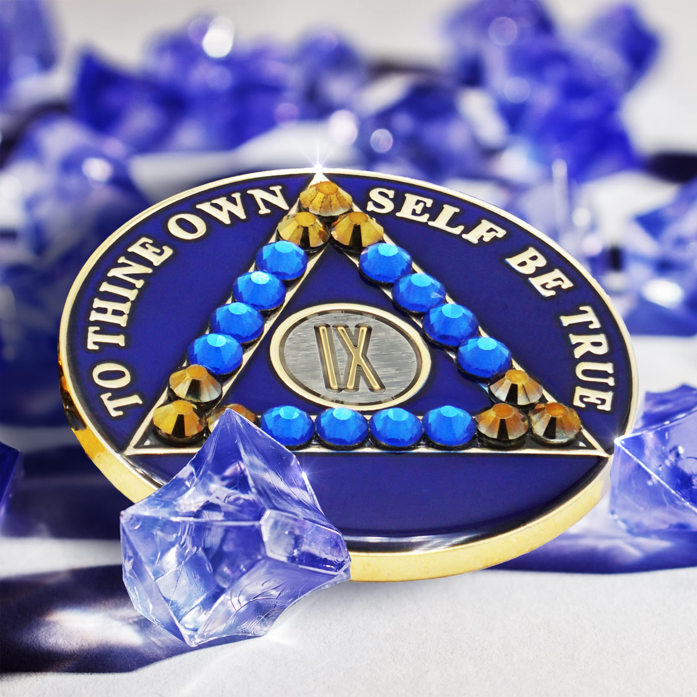 9 Year Sobriety Coin - Blue Crystal AA Recovery Chip Medallion with Serenity Prayer for Alcoholics Anonymous Anniversary - Celebrate Sobriety Milestones & 12 Step Programs (Ideal for Gifts & Meetings)