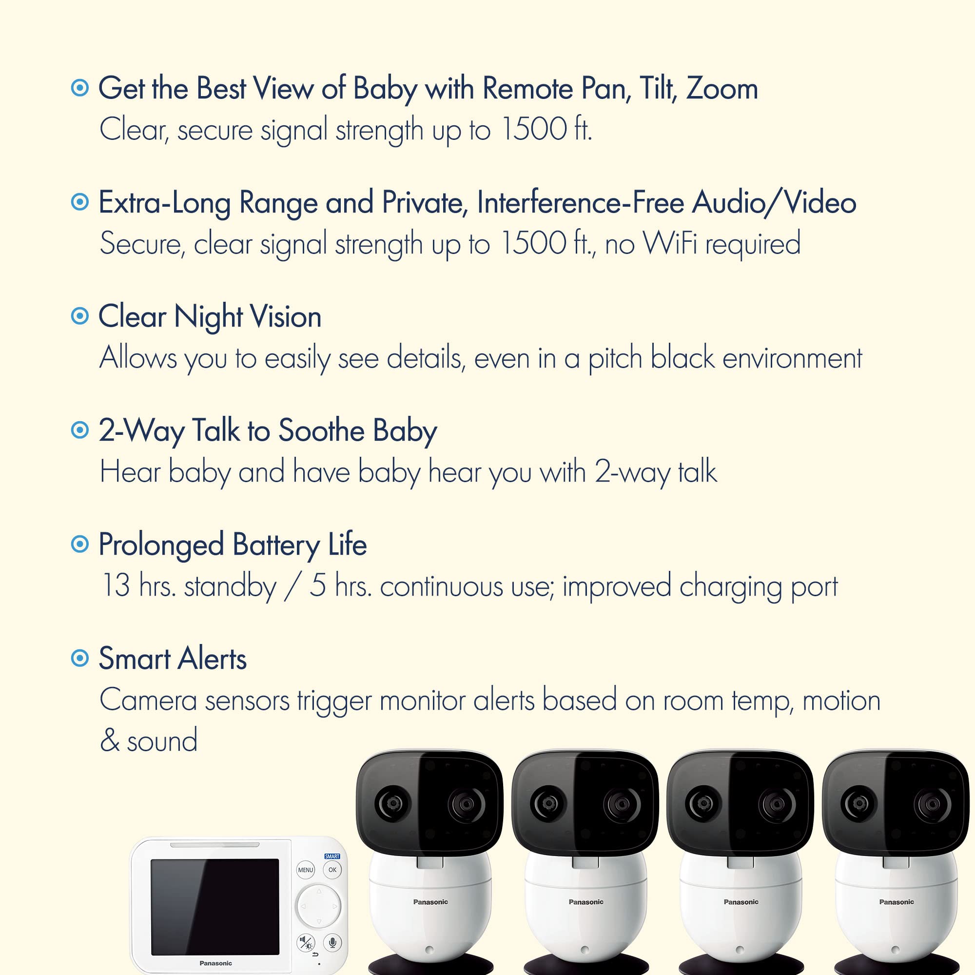 Panasonic Remote Pan/Tilt/Zoom Video Baby Monitor with 4 Cameras - Long Range, Secure Connection, 2-Way Talk & Lullabies - Portable Nursery Camera System for Home, Travel and Peace of Mind