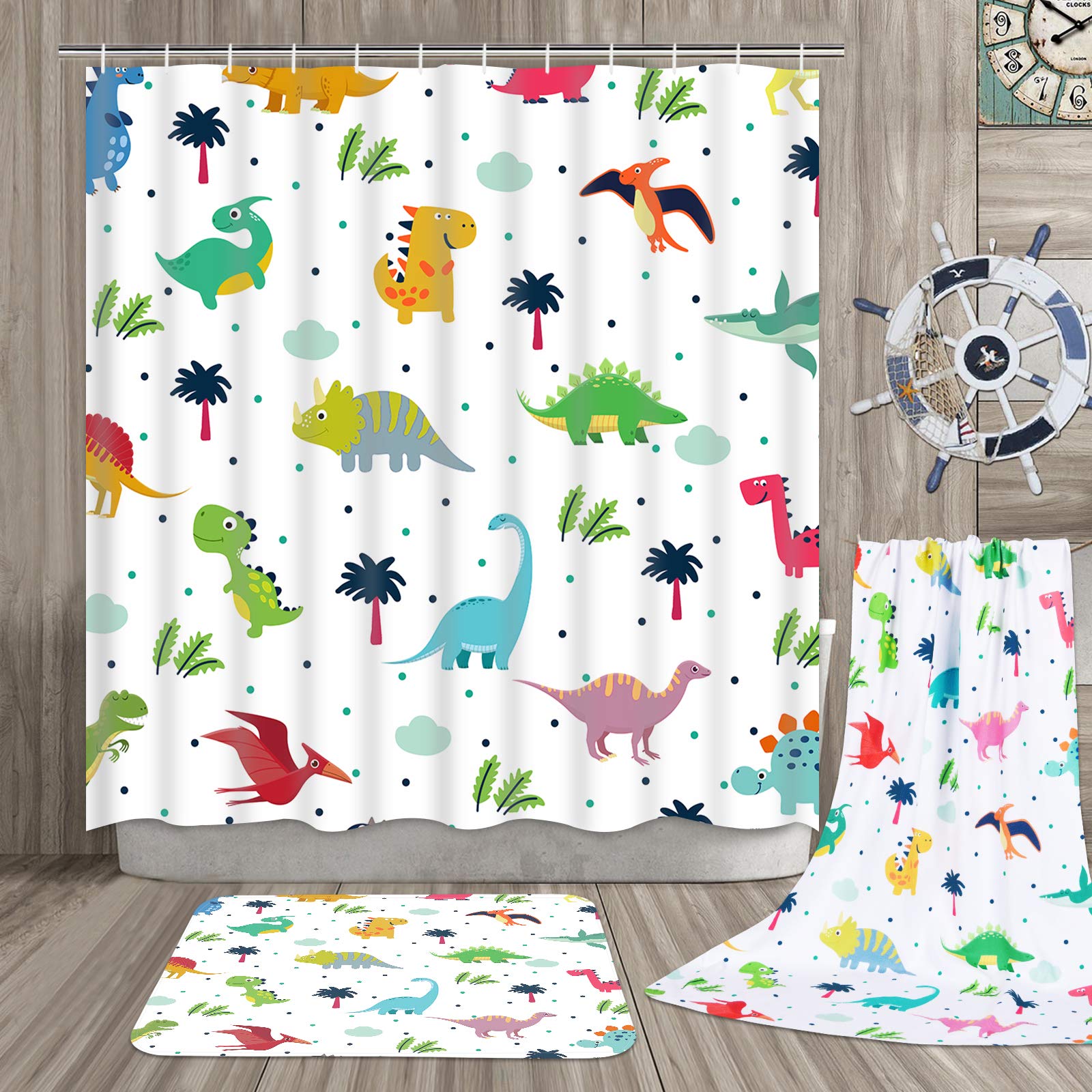 **IKFASHONI 7-Piece Cartoon Dinosaur Shower Curtain Set - Includes Non-Slip Bath Rug, Toilet Lid Cover, Bath Mat & Towels - Cute Kids Bathroom Decor with 12 Hooks - Perfect for Children's Bathroom, Nursery, or Playroom**