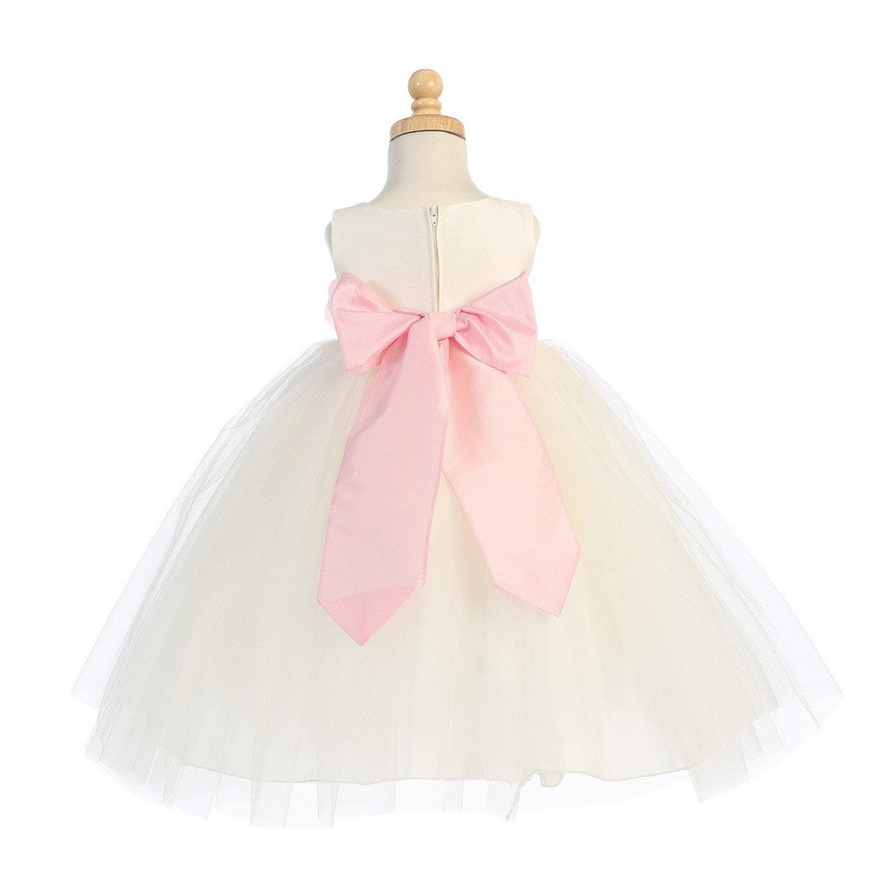 Ivory Pink Sash Poly Silk Tulle Flower Girl Dress for Big Girls Size 7-12 - Perfect for Weddings, Birthday Parties & Special Occasions