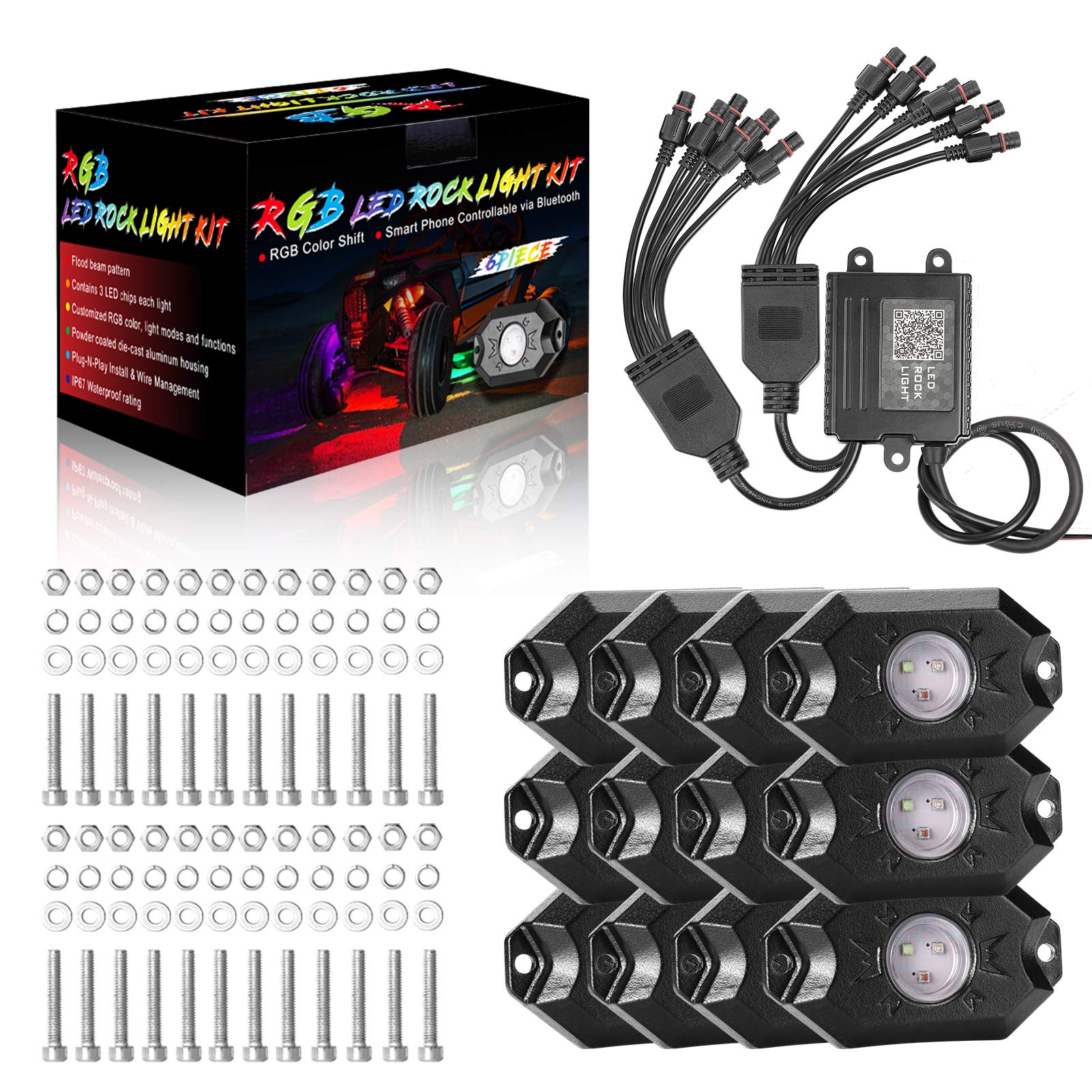 YCHOW-TECH RGB LED Rock Lights Kit - 12 Pods Multicolor Underglow Neon Lights with Bluetooth App Control, Music Sync & Timer | IP68 Waterproof Wheel Well Lighting for ATV, UTV, Off-Road Vehicles | Perfect for Night Rides, Car Shows & Off-Road Adventures