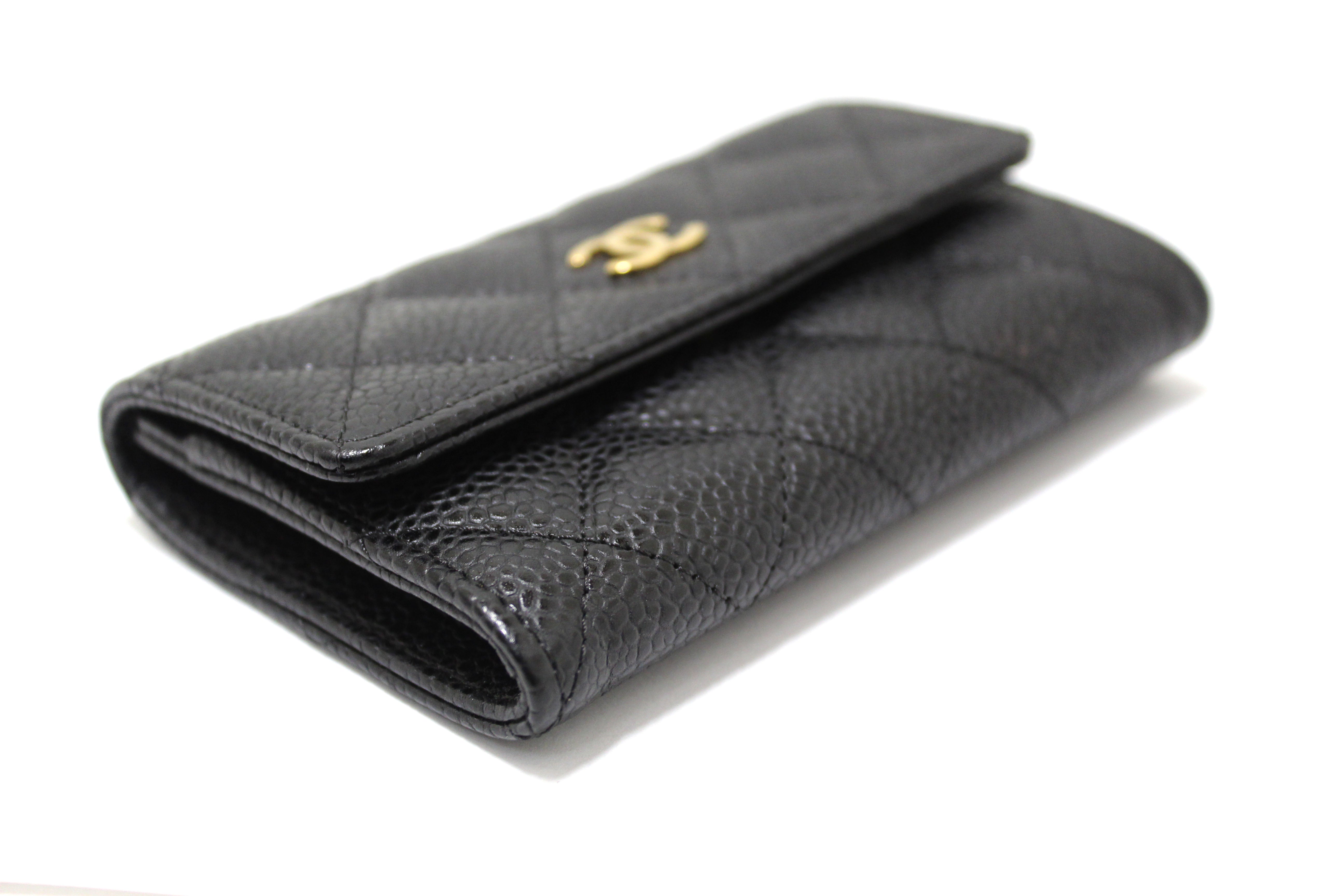 Authentic Chanel Black Caviar Quilted Leather CC Flap Card Holder Wallet - Luxury Compact Wristlet for Everyday Use, Travel & Gifting