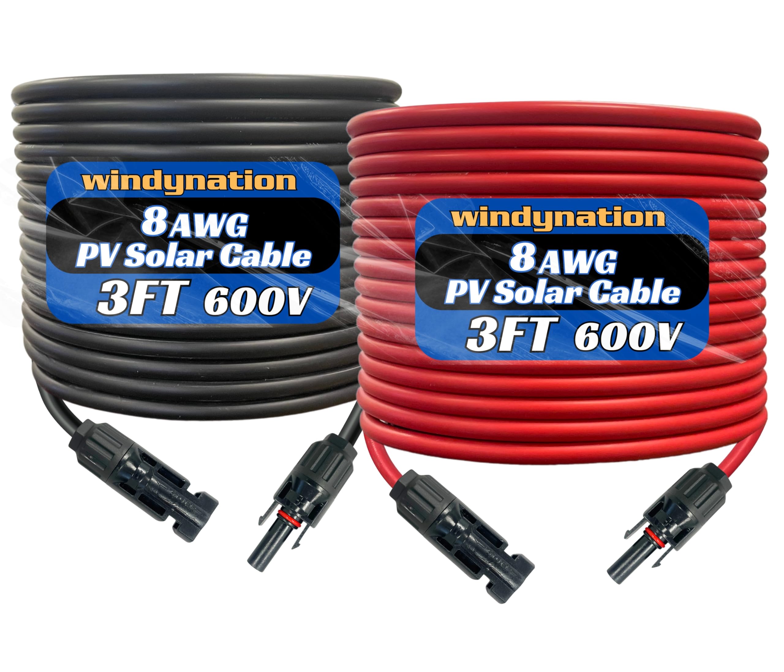 WindyNation 8 AWG 3ft Black + 3ft Red Solar Panel Extension Cable with PV Connectors - Premium 8 Gauge Photovoltaic Wire for RV, Boat & Off-Grid Solar Systems (Multiple Length Options)