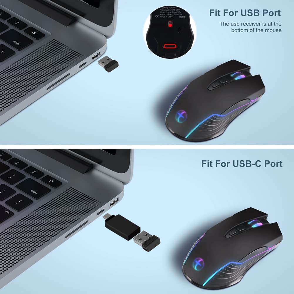 Wireless Gaming Mouse Mover Jiggler - Rechargeable Silent Optical Mouse with On/Off Switch to Keep PC Active | Perfect for Remote Work, Online Classes & Preventing Sleep Mode (Black)