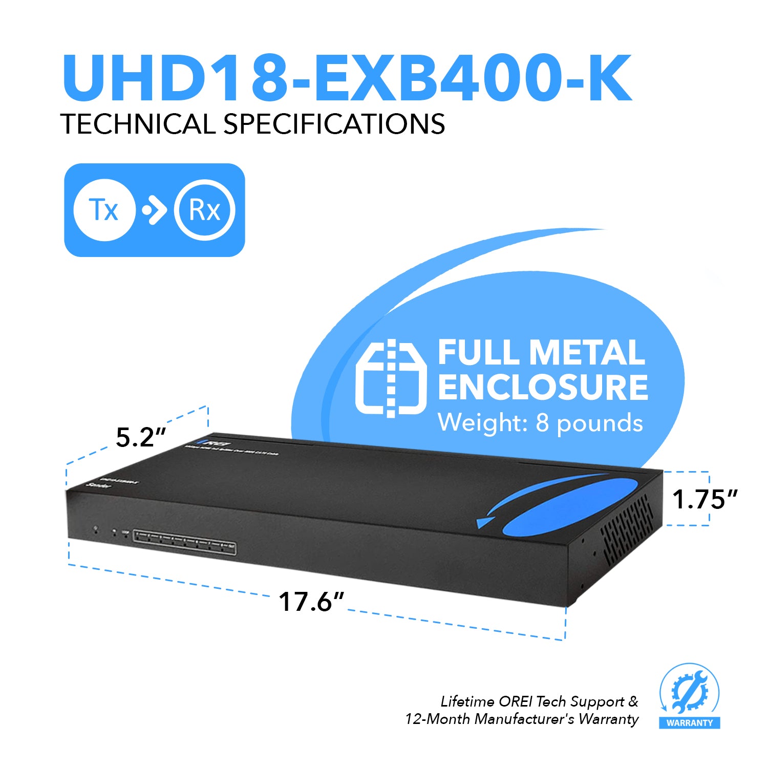 4K HDBaseT 1x8 HDMI Extender Splitter with Loop - 400ft CAT6 UHD18 EXB400 - Perfect for Home Theater, Conference Rooms & Digital Signage