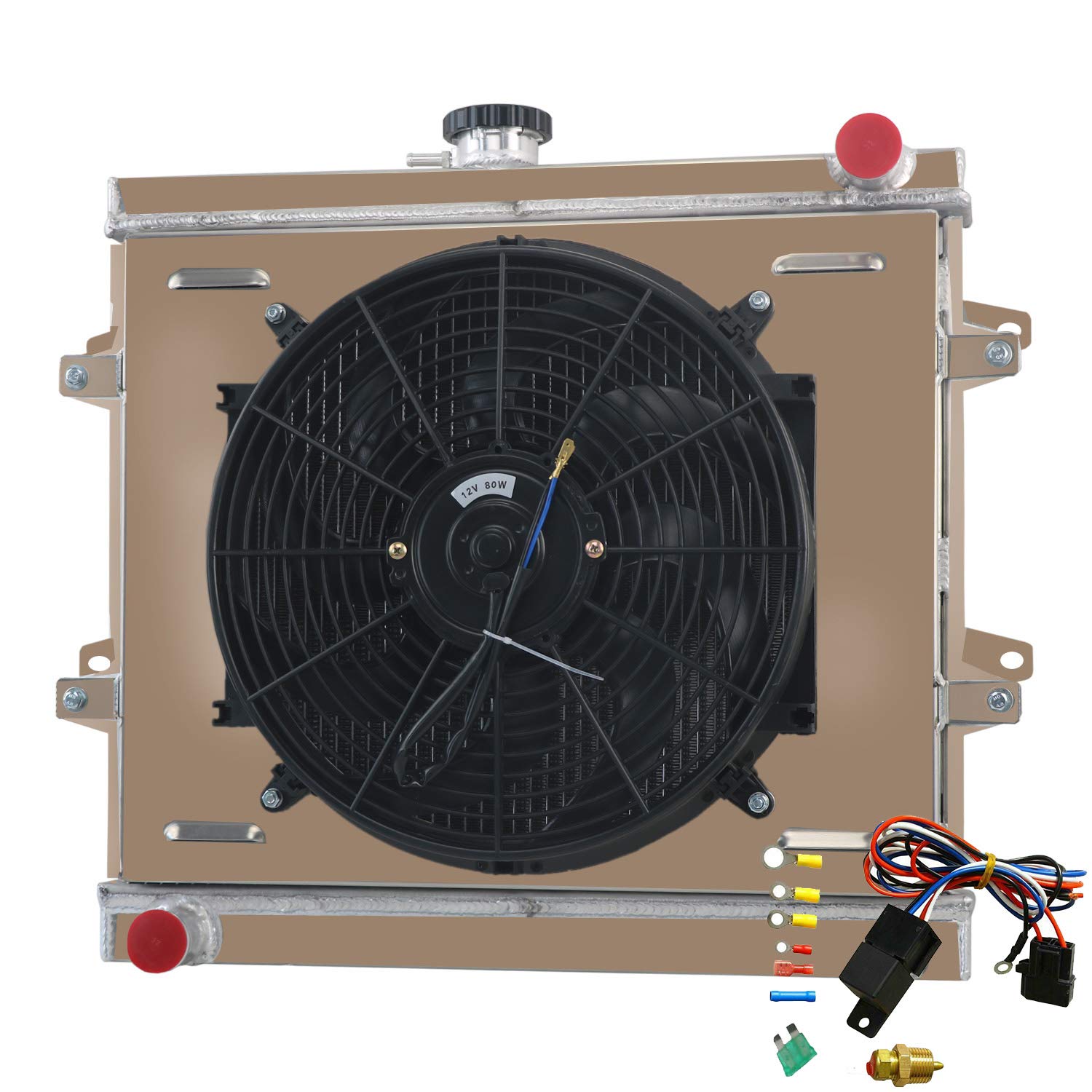 AlloyWorks 3-Row Aluminum Radiator with Shroud Fan & Relay Kit for 1984-1995 Toyota Pickup DLX 4Runner SR5 2.4L L4 Engine - Perfect for Off-Roading, Towing & High-Performance Cooling