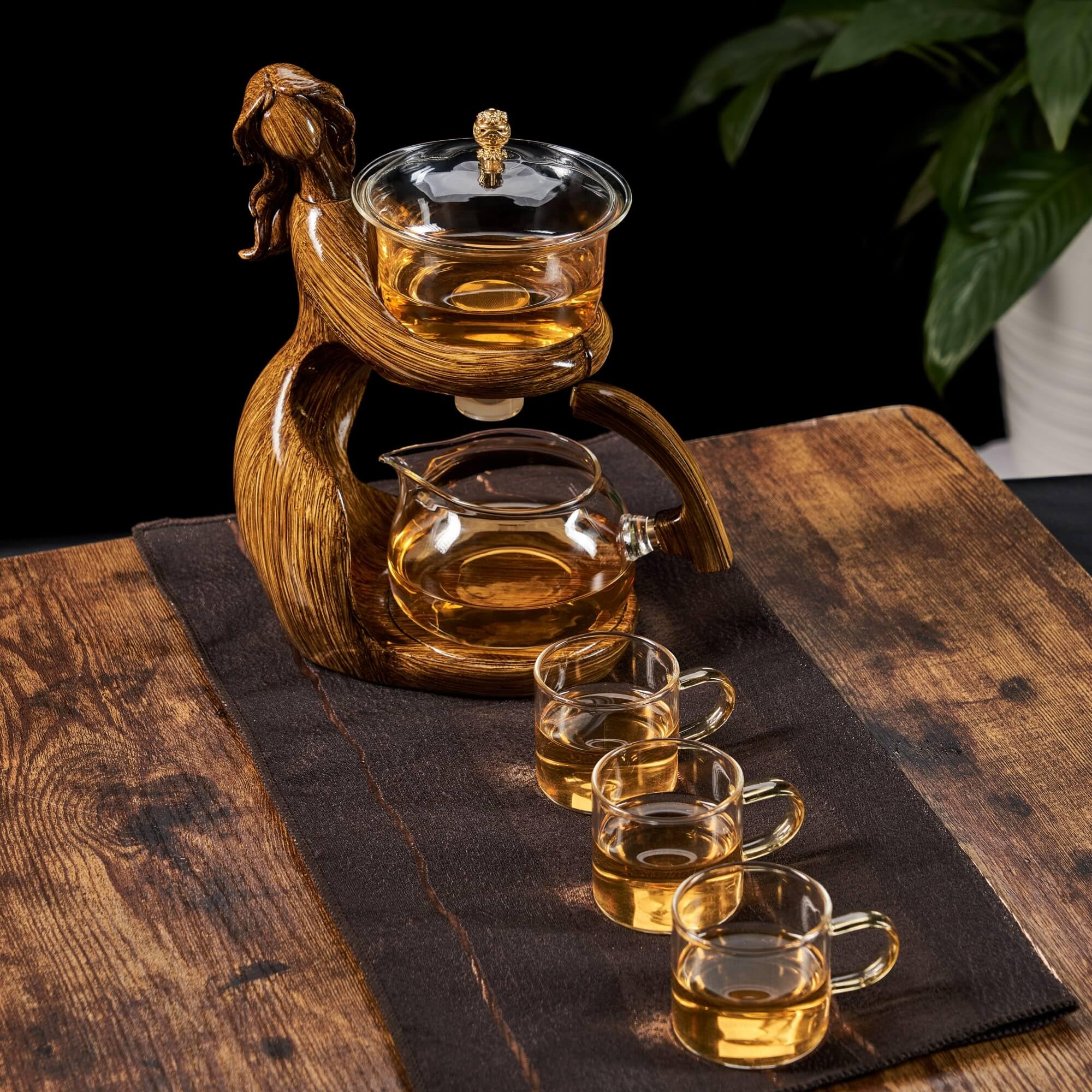 Premium Semi-Automatic Glass Kung Fu Tea Set with Infuser & 6 Small Cups - Traditional Chinese Brown Teapot for Home, Office & Tea Ceremony Use