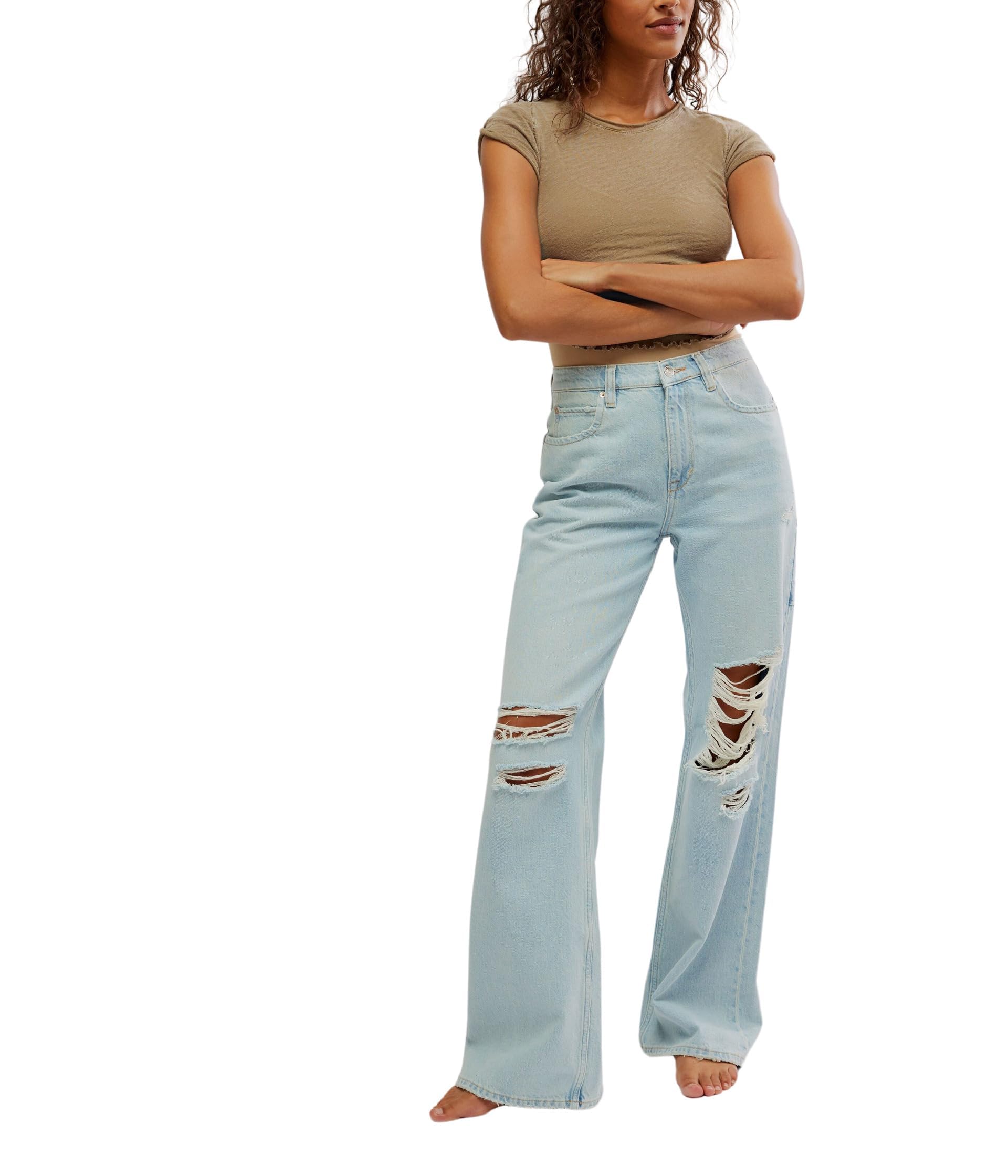 Free People Women's Tinsley Baggy High-Rise Skinny Jeans - Distressed Ripped Denim Pants for Casual Wear & Street Style Outfits