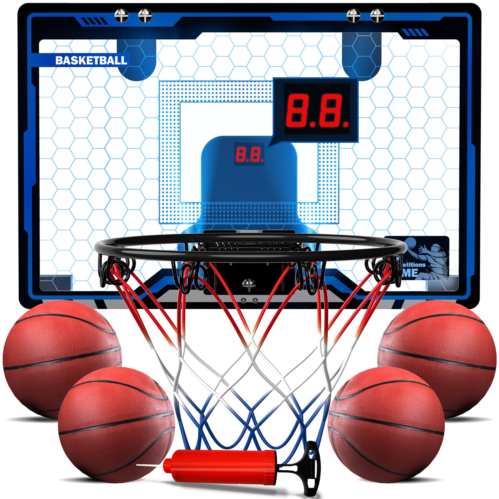 LZZAPJ Indoor Basketball Hoop for Kids - Over The Door Mini Basketball Set with Electronic Scoreboard & 4 Balls - Fun Basketball Game Toy Gift for Boys Ages 4-8 - Perfect for Bedroom, Playroom, or Office Decor