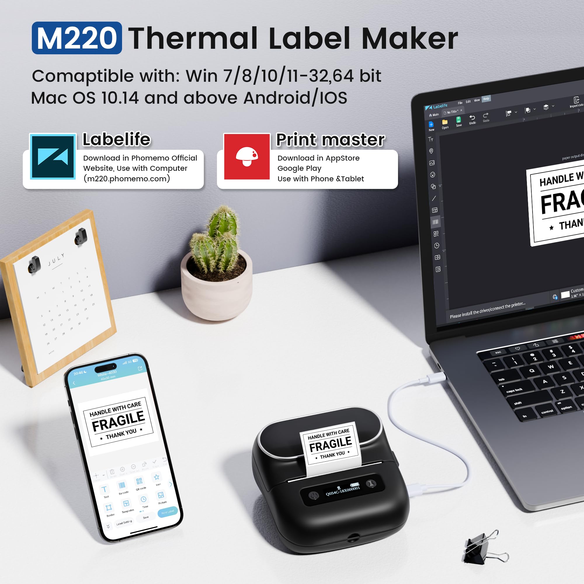 **Upgraded M220 Thermal Label Maker for Small Business & Home Use – Prints 0.78-3.14 Inch Stickers | Compatible with Phones & PC | Includes 40x30mm Labels | Perfect for Shipping, Organizing & Inventory**