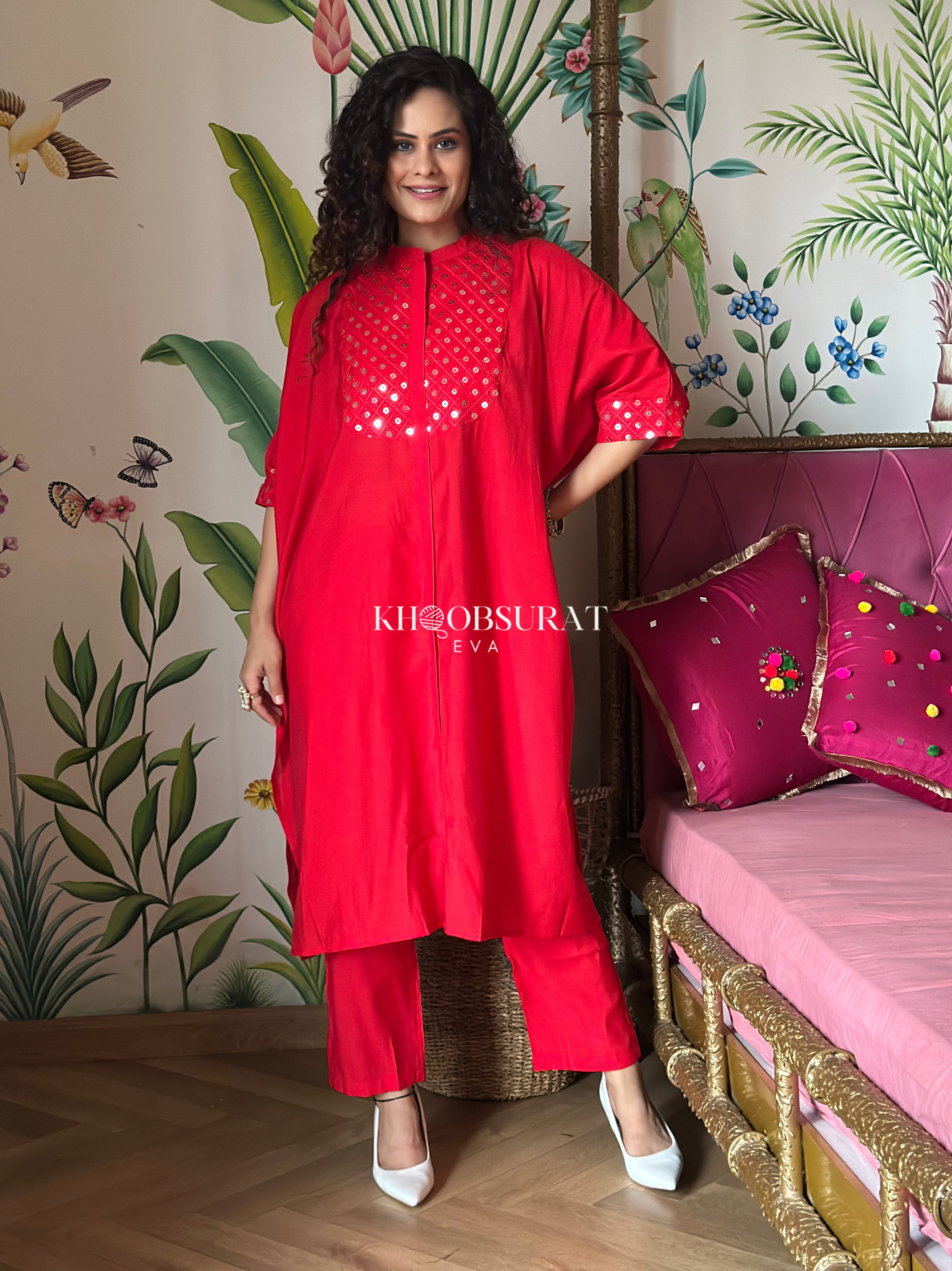 Stylish Indian Red Kaftan Set for Women - Traditional Ethnic Embroidered Long Dress with Pants - Perfect for Festivals, Weddings & Boho Chic Outfits