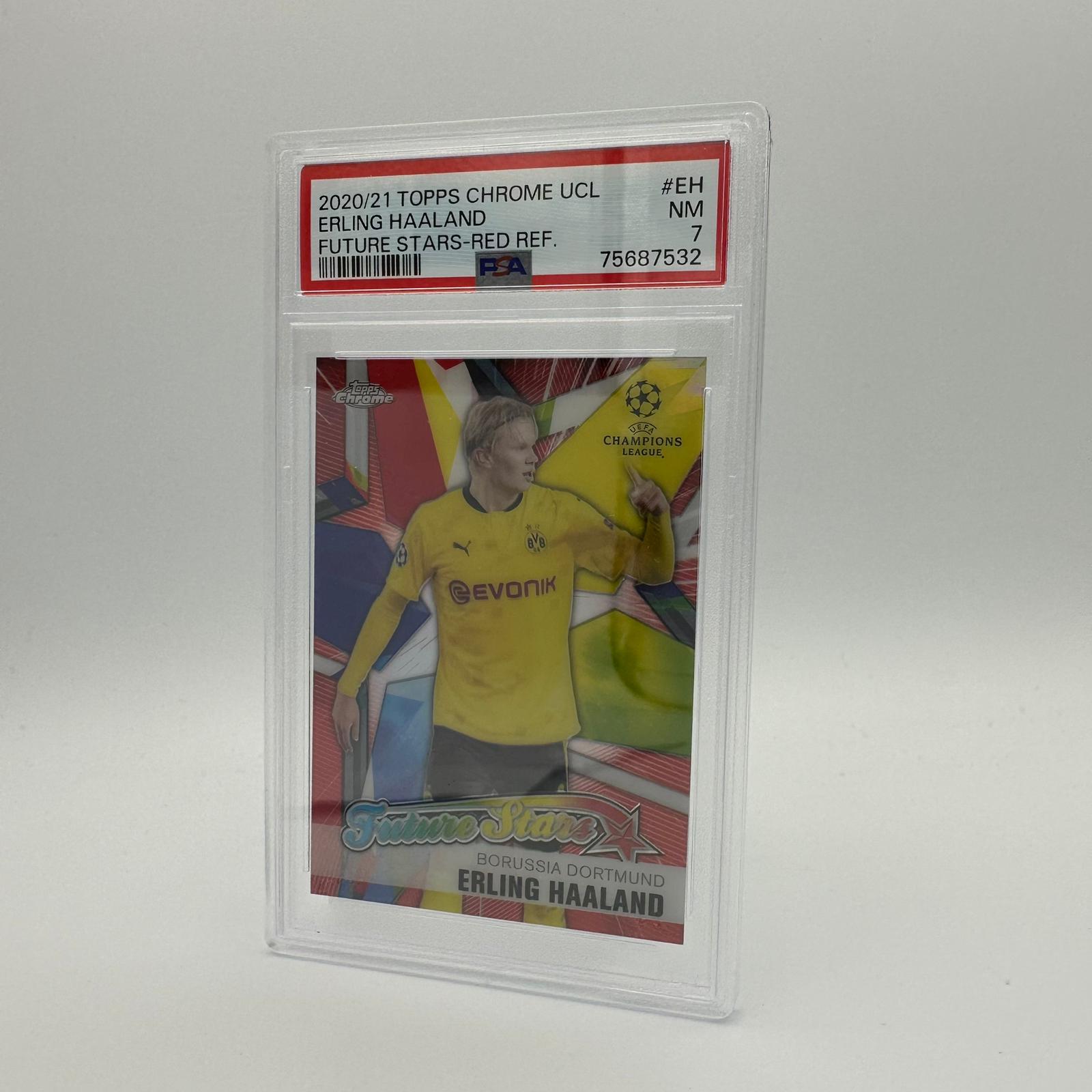 PSA 7 Graded Erling Haaland #FSEH UEFA Champions League Future Star Red Refractor Football Trading Card - Perfect for Collectors & Sports Memorabilia Enthusiasts